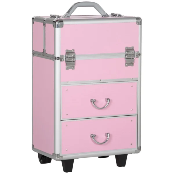 Professional Makeup Case, Reinforced Make-Up Trolley with 2 Keys and Wheels Lock, 36x23x58 cm, Pink