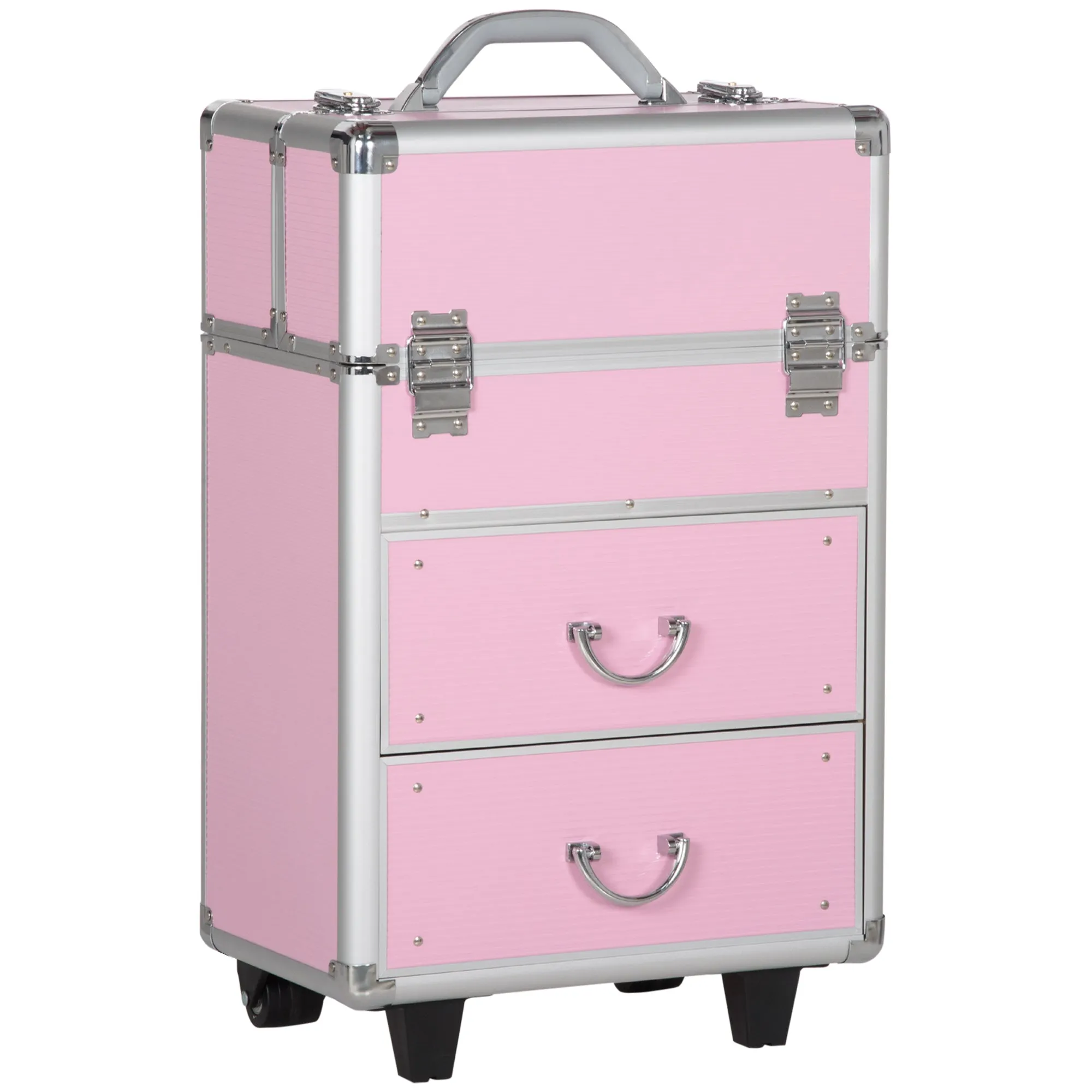 Professional Makeup Case, Reinforced Make-Up Trolley with 2 Keys and Wheels Lock, 36x23x58 cm, Pink