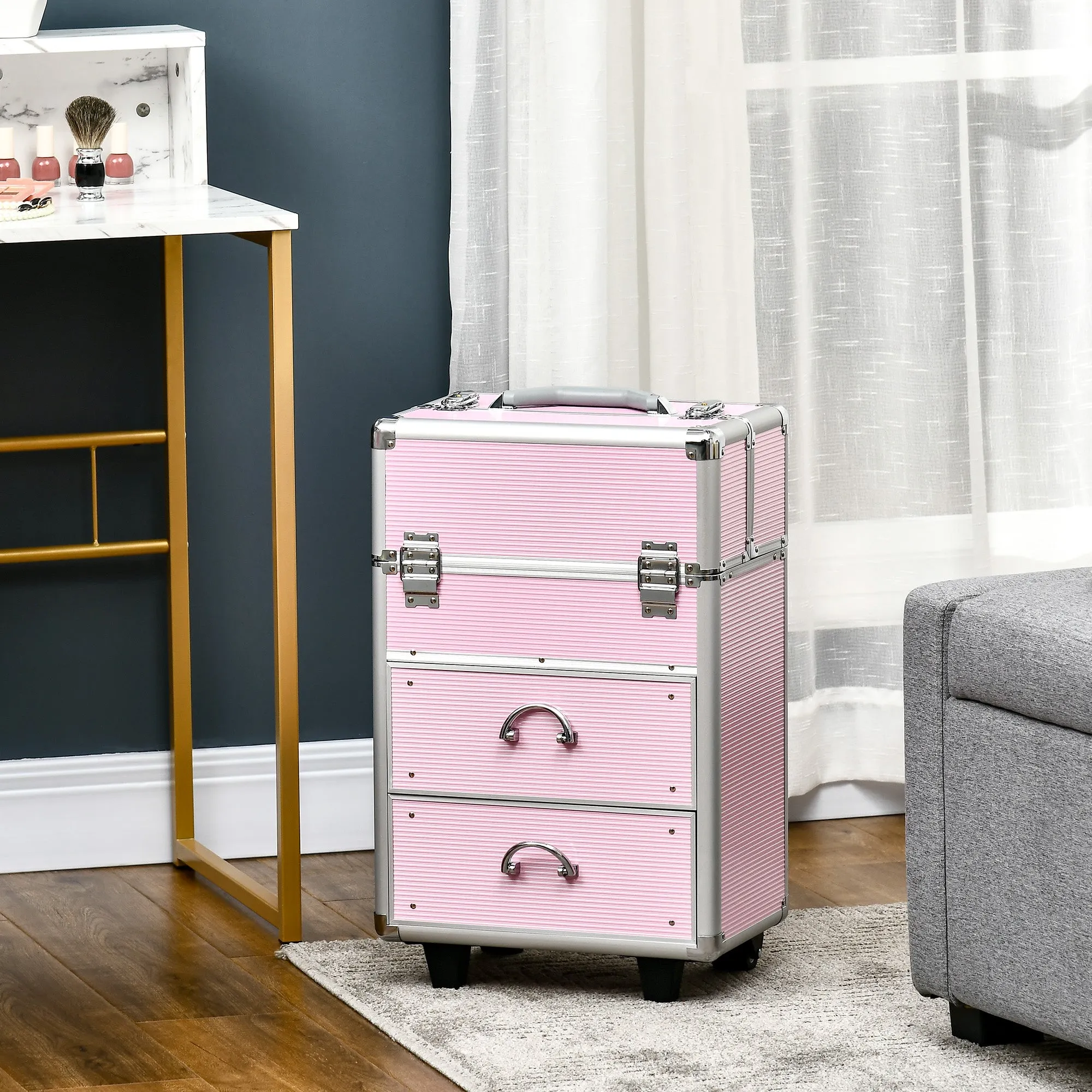 Professional Makeup Case, Reinforced Make-Up Trolley with 2 Keys and Wheels Lock, 36x23x58 cm, Pink - Image 2