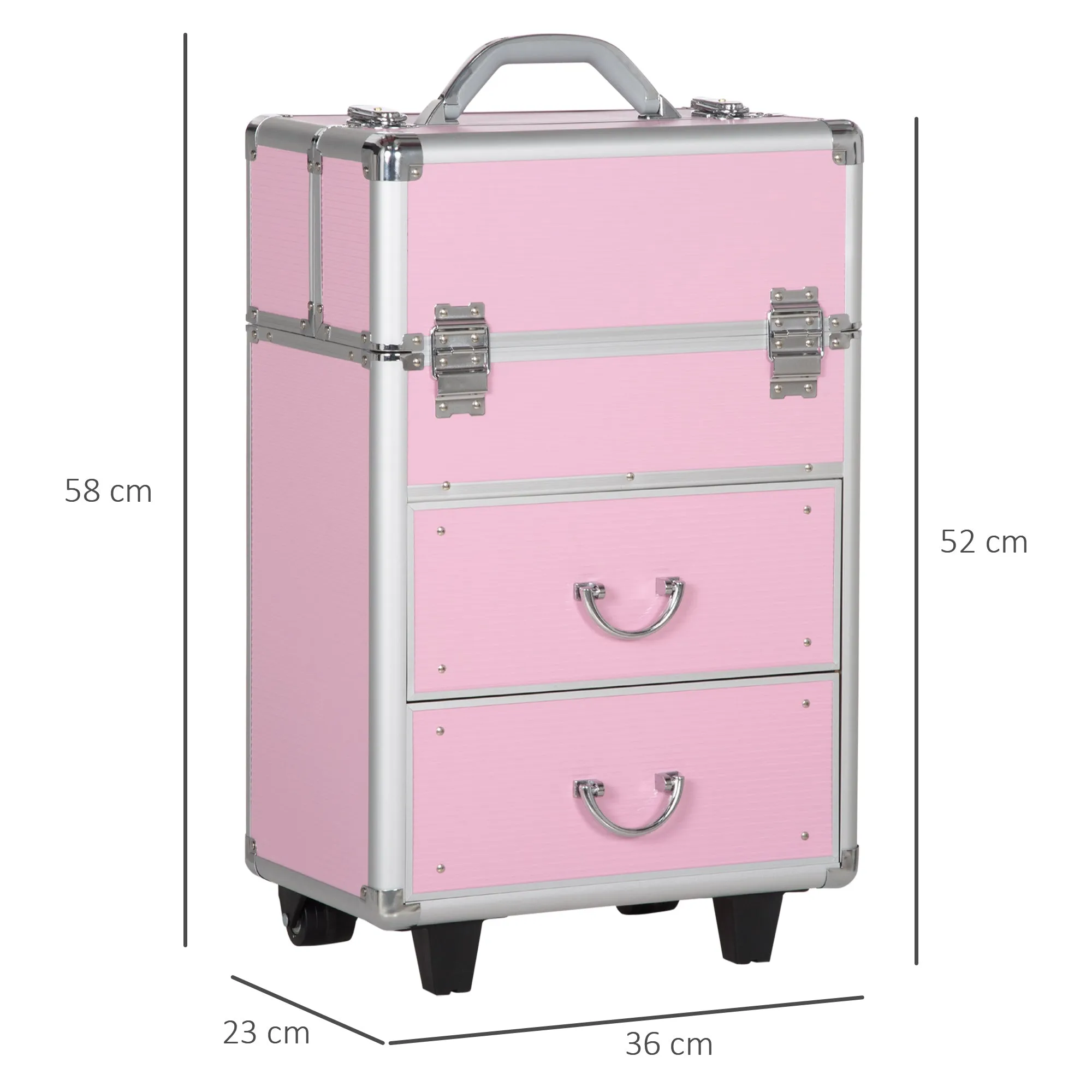 Professional Makeup Case, Reinforced Make-Up Trolley with 2 Keys and Wheels Lock, 36x23x58 cm, Pink - Image 3
