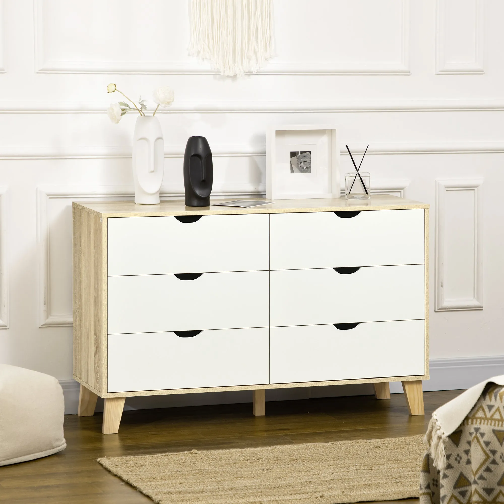 6 Drawer Chest with Carved Wooden Handles, 120x40x76 cm, White and Oak - Image 2