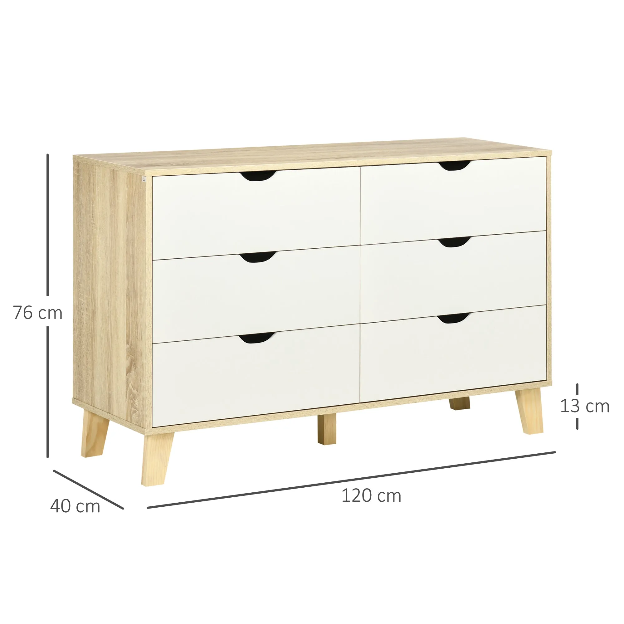 6 Drawer Chest with Carved Wooden Handles, 120x40x76 cm, White and Oak - Image 3
