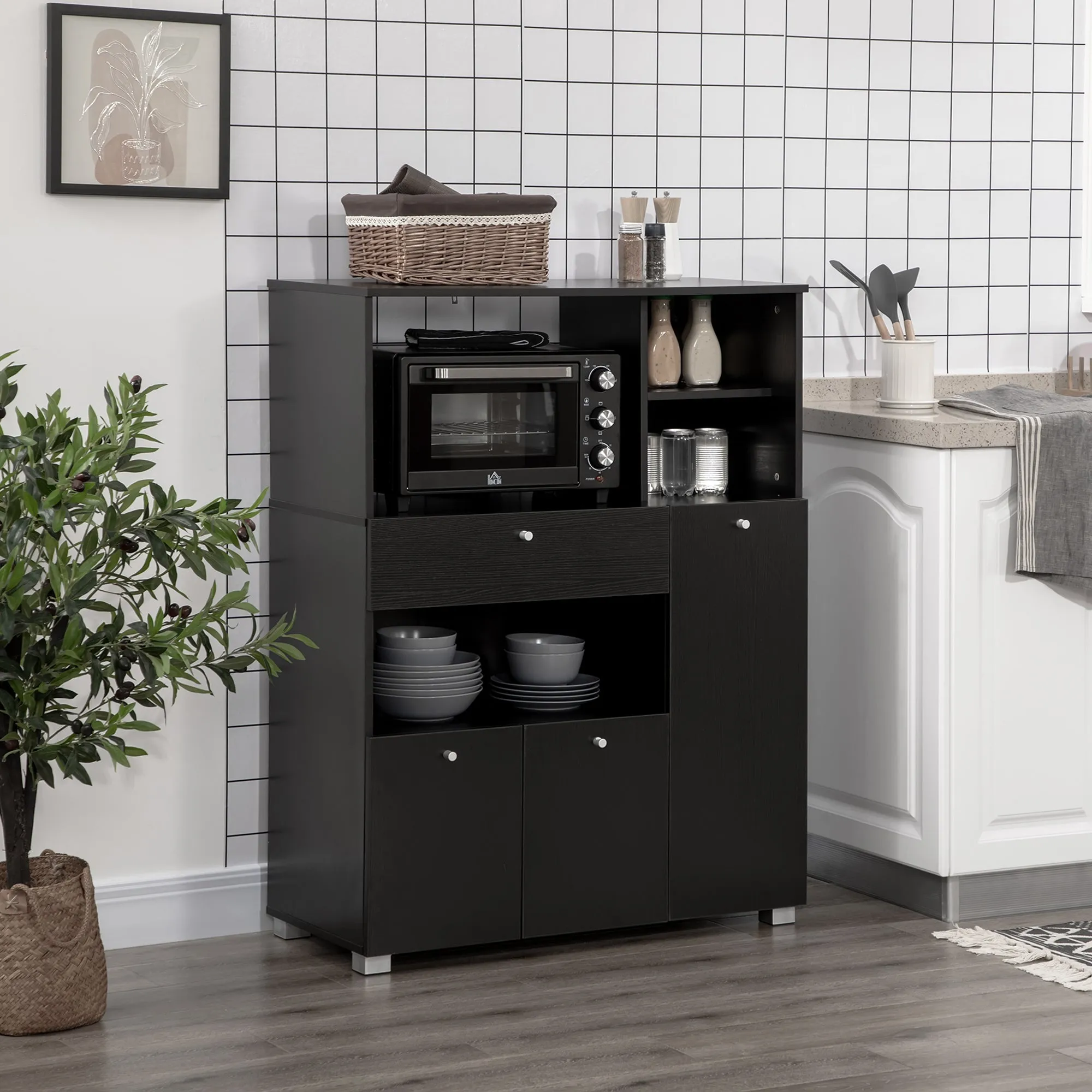 Wooden Kitchen Cabinet Microwave Sideboard with Cupboards, Shelves and Drawer, 90x40x120 cm, Black - Image 2