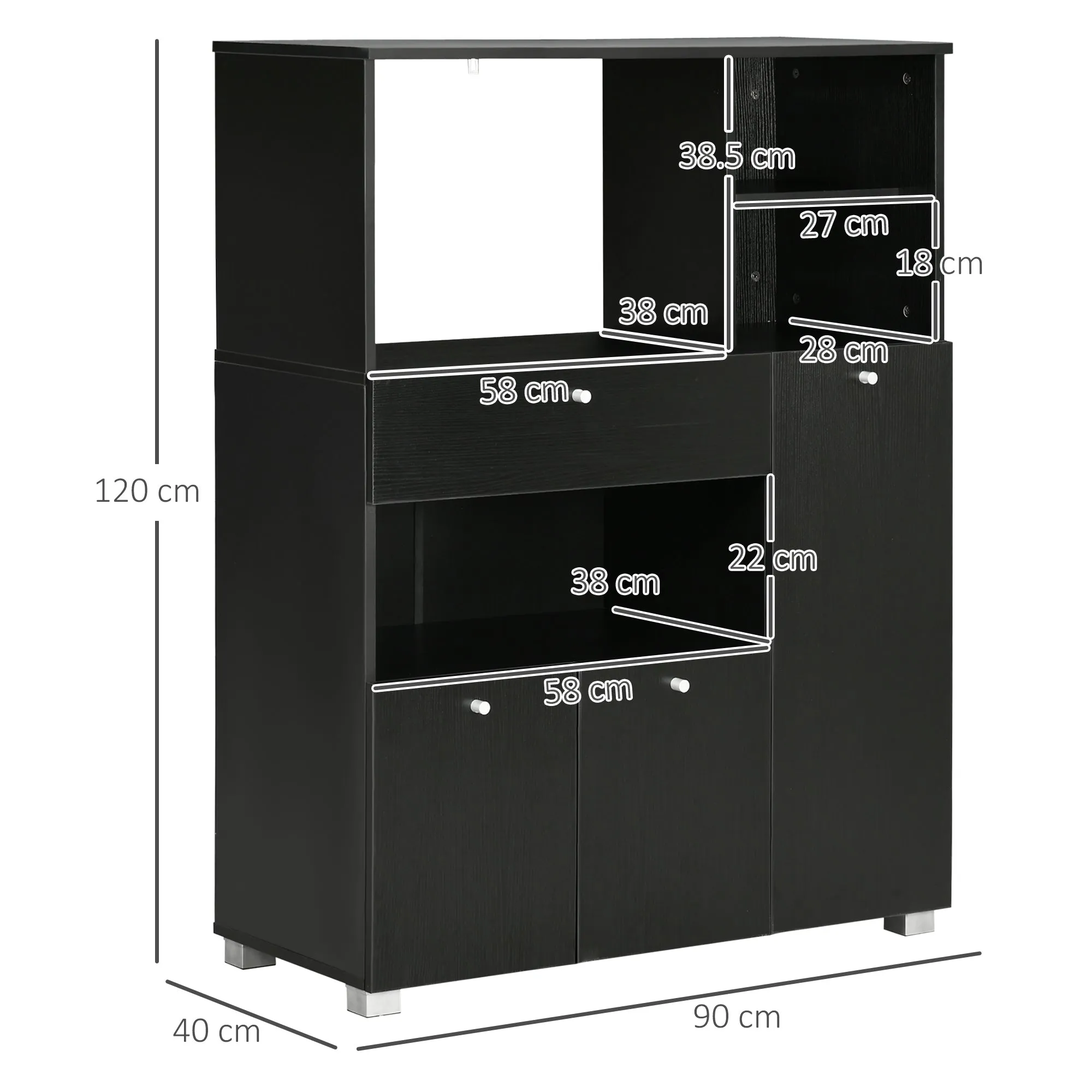 Wooden Kitchen Cabinet Microwave Sideboard with Cupboards, Shelves and Drawer, 90x40x120 cm, Black - Image 3