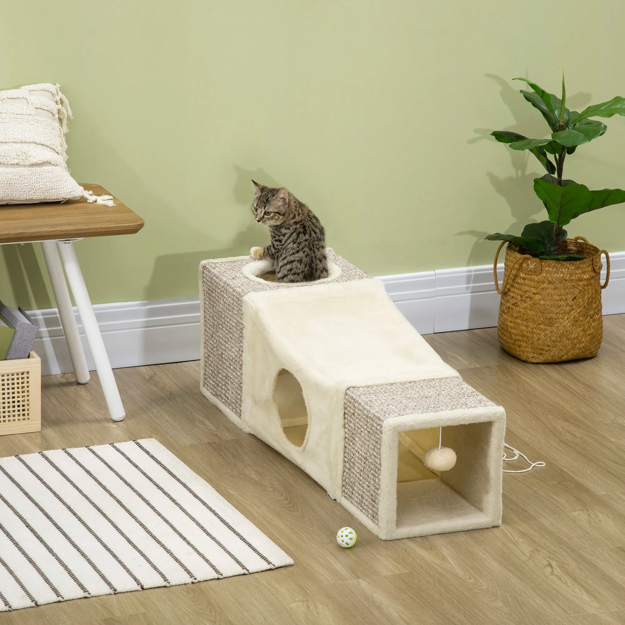 Collapsible Cat Tunnel with Houses, Scratching Post, and Plush and Sisal Ball, Cream - Image 2
