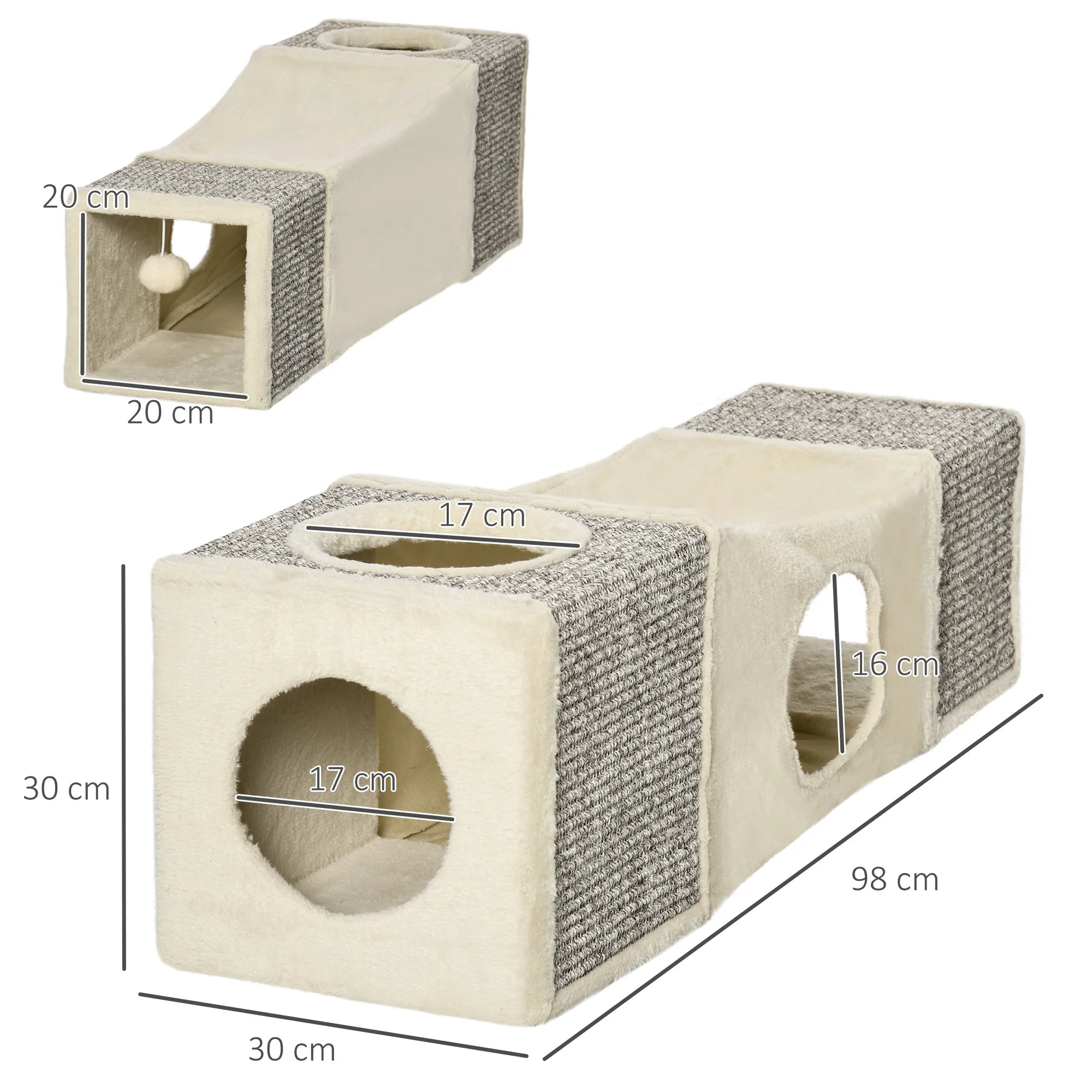 Collapsible Cat Tunnel with Houses, Scratching Post, and Plush and Sisal Ball, Cream - Image 3