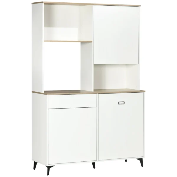 Kitchen Pantry in Chipboard and MDF with Open Shelves, Cabinets and Drawer, 119x41x180 cm, White