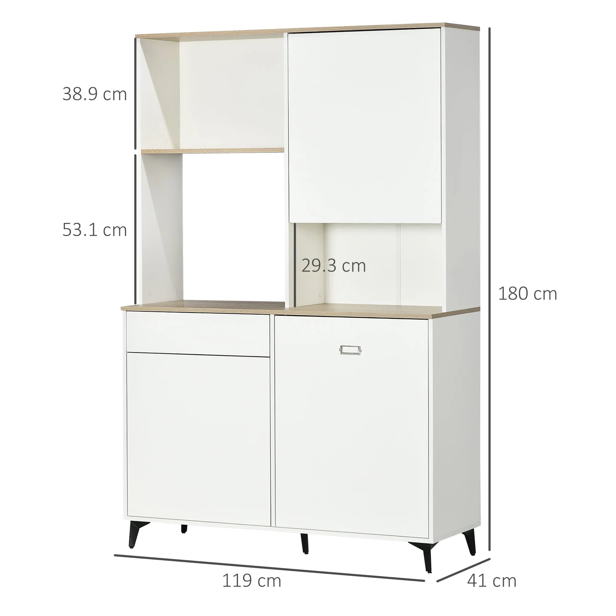 Kitchen Pantry in Chipboard and MDF with Open Shelves, Cabinets and Drawer, 119x41x180 cm, White - Image 3