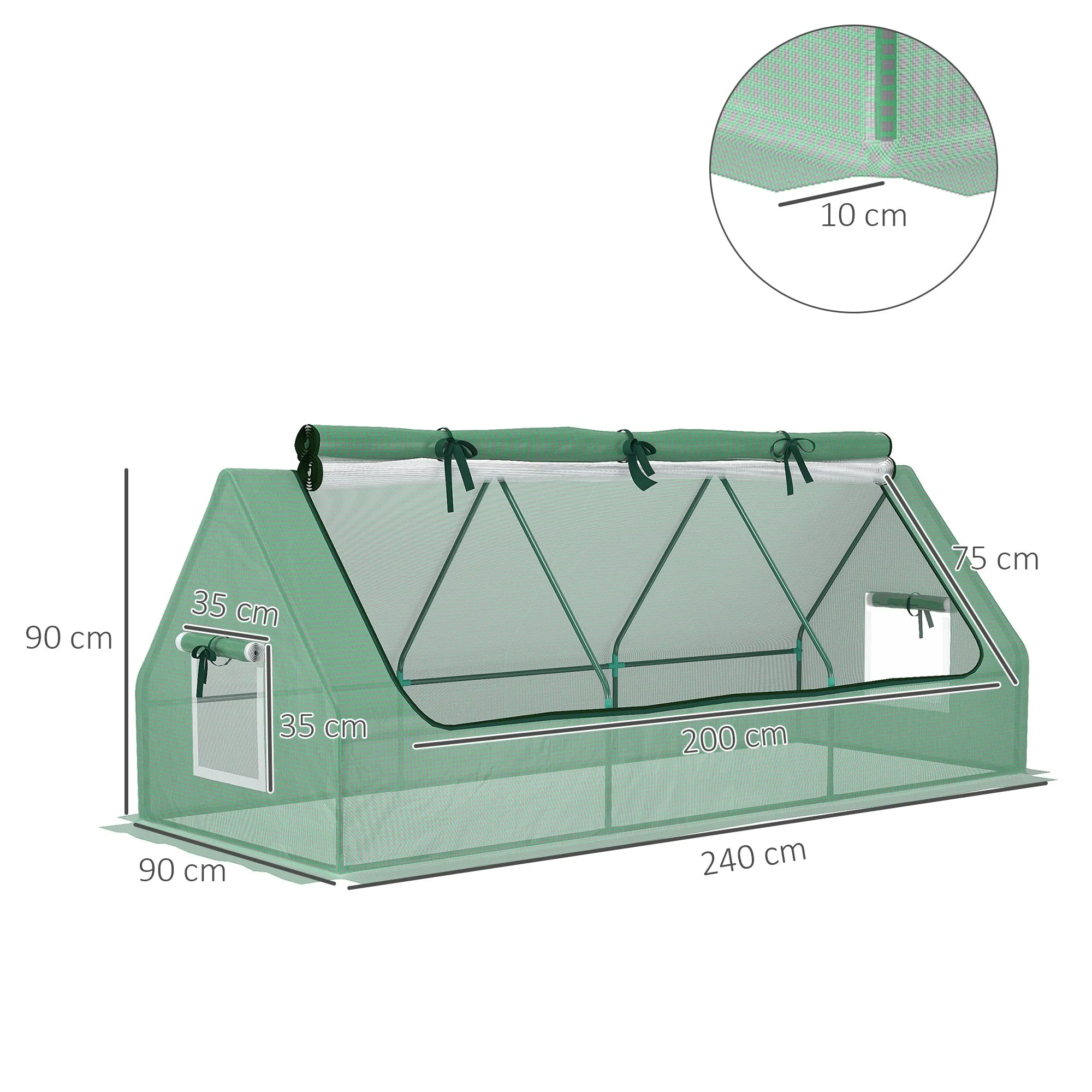 Small Greenhouse with 2 Side Windows and Central Window, in Steel, PE and PP, 240x90x90 cm, Green - Image 3