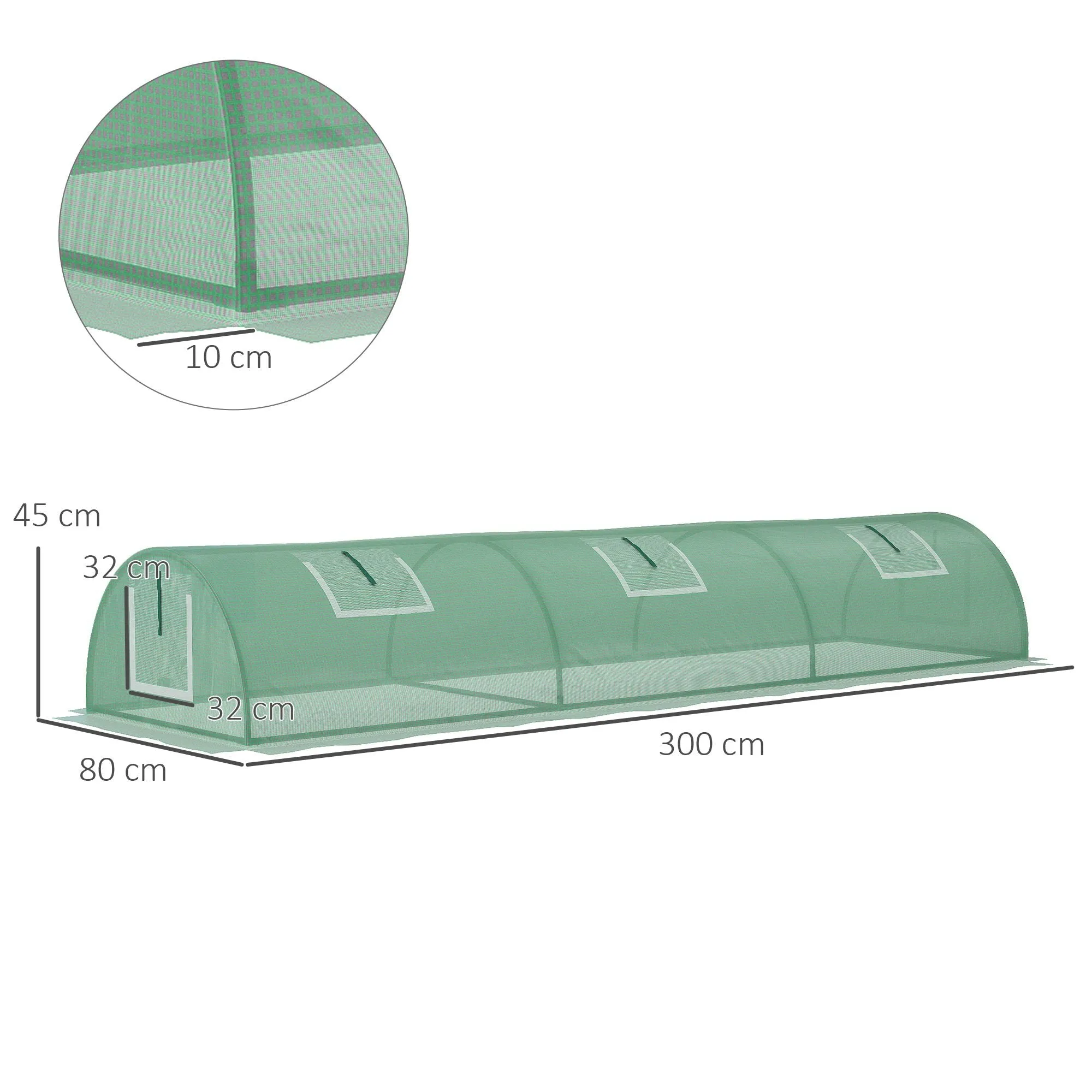 Small Greenhouse with 5 Windows and Central Grid, in Steel, PE and PP, 300x80x45 cm, Green - Image 3