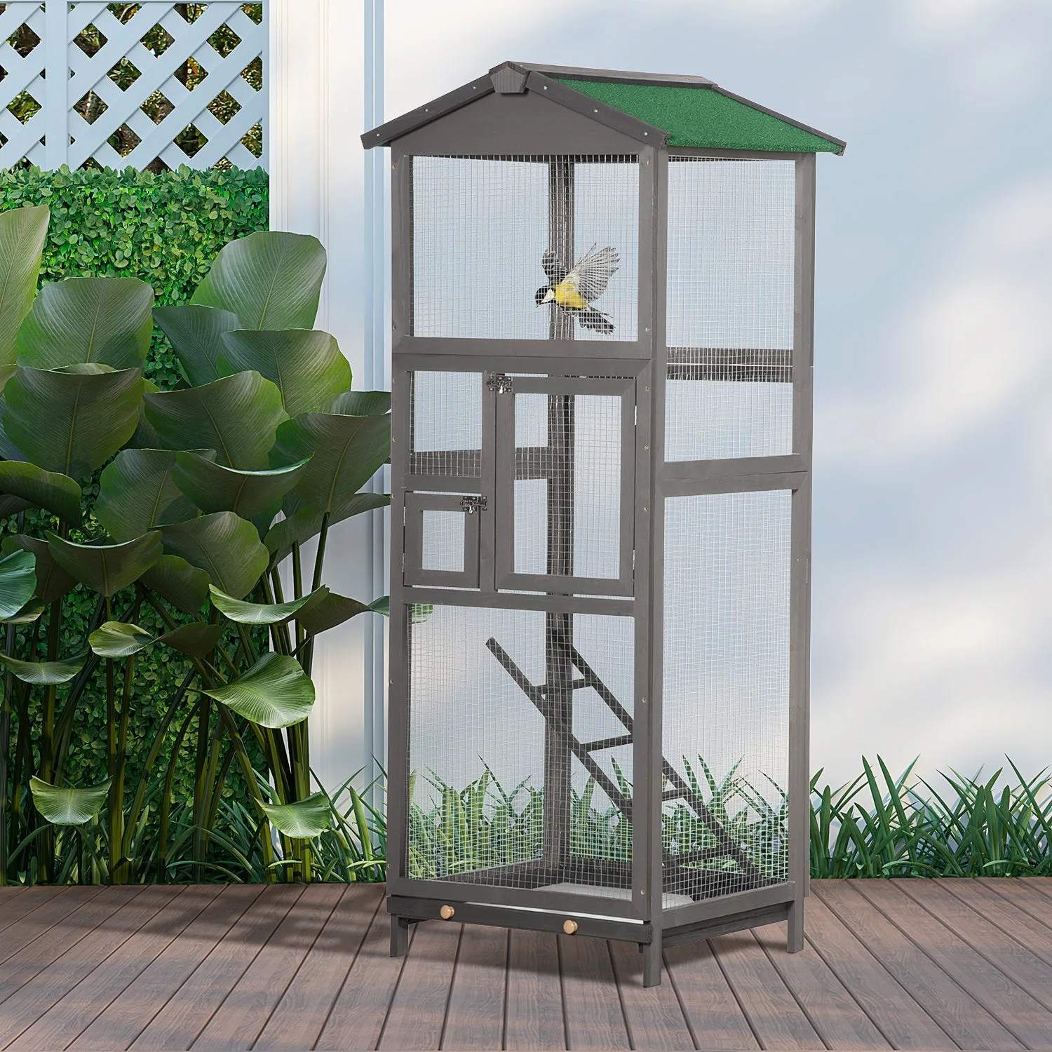 165cm Tall Outdoor Wooden Bird Cage with 2 Doors and Pull Out Tray, Light Grey - Image 2