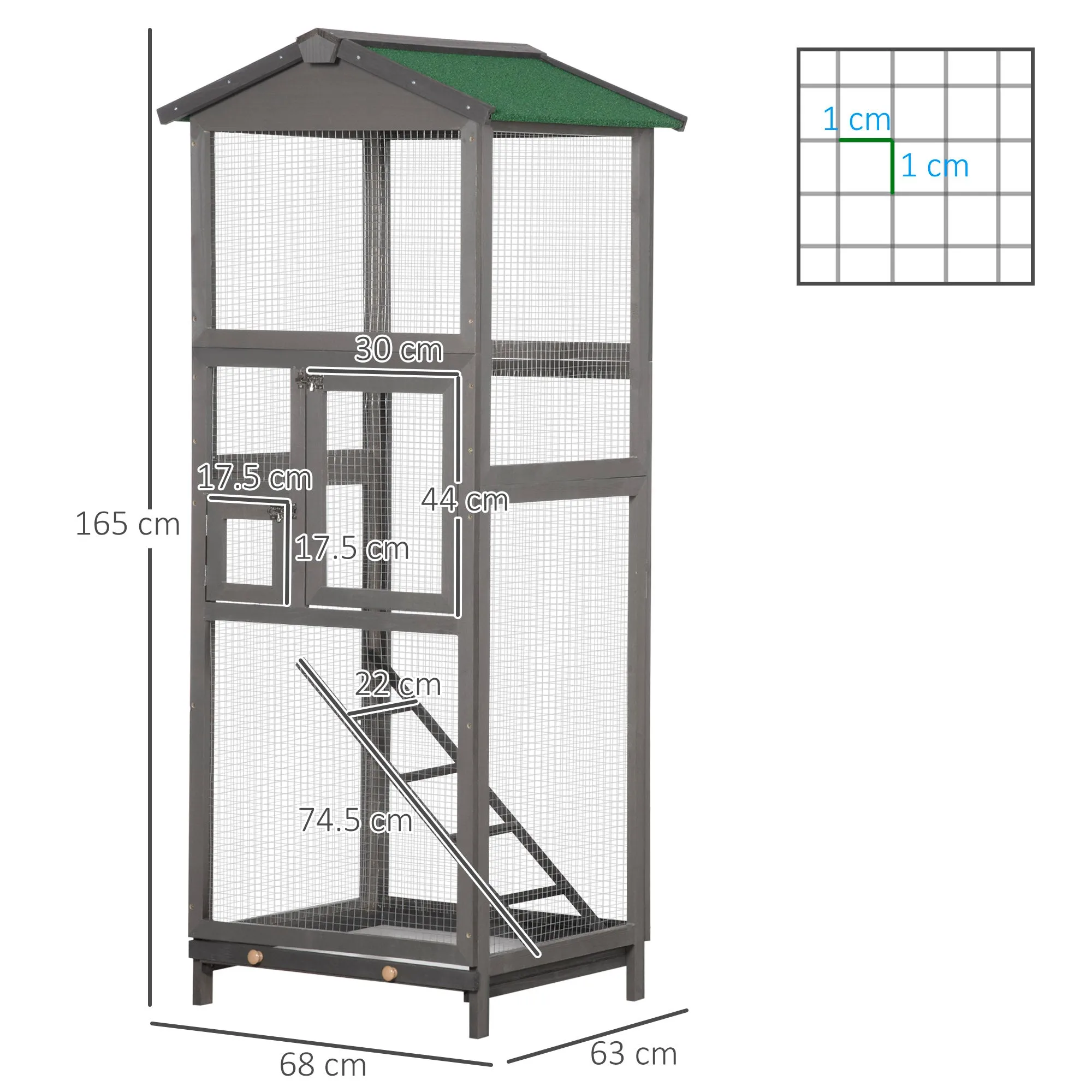 165cm Tall Outdoor Wooden Bird Cage with 2 Doors and Pull Out Tray, Light Grey - Image 3