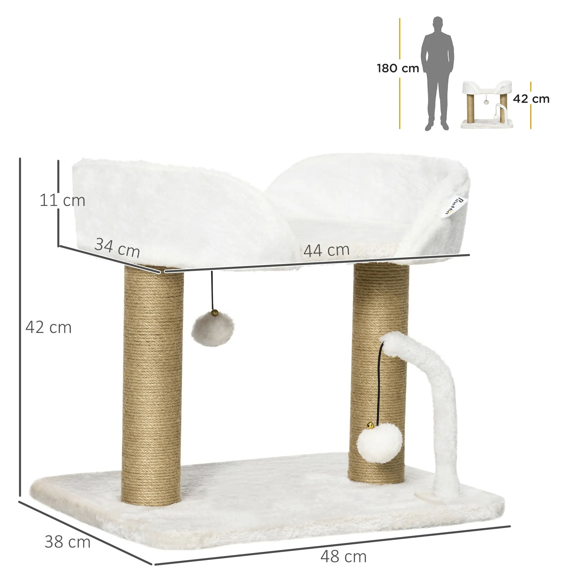 Cat Tower for Cats up to 5kg in Chipboard with Scratching Post and Toy Balls, 48x38x42 cm, Yellow and White - Image 3