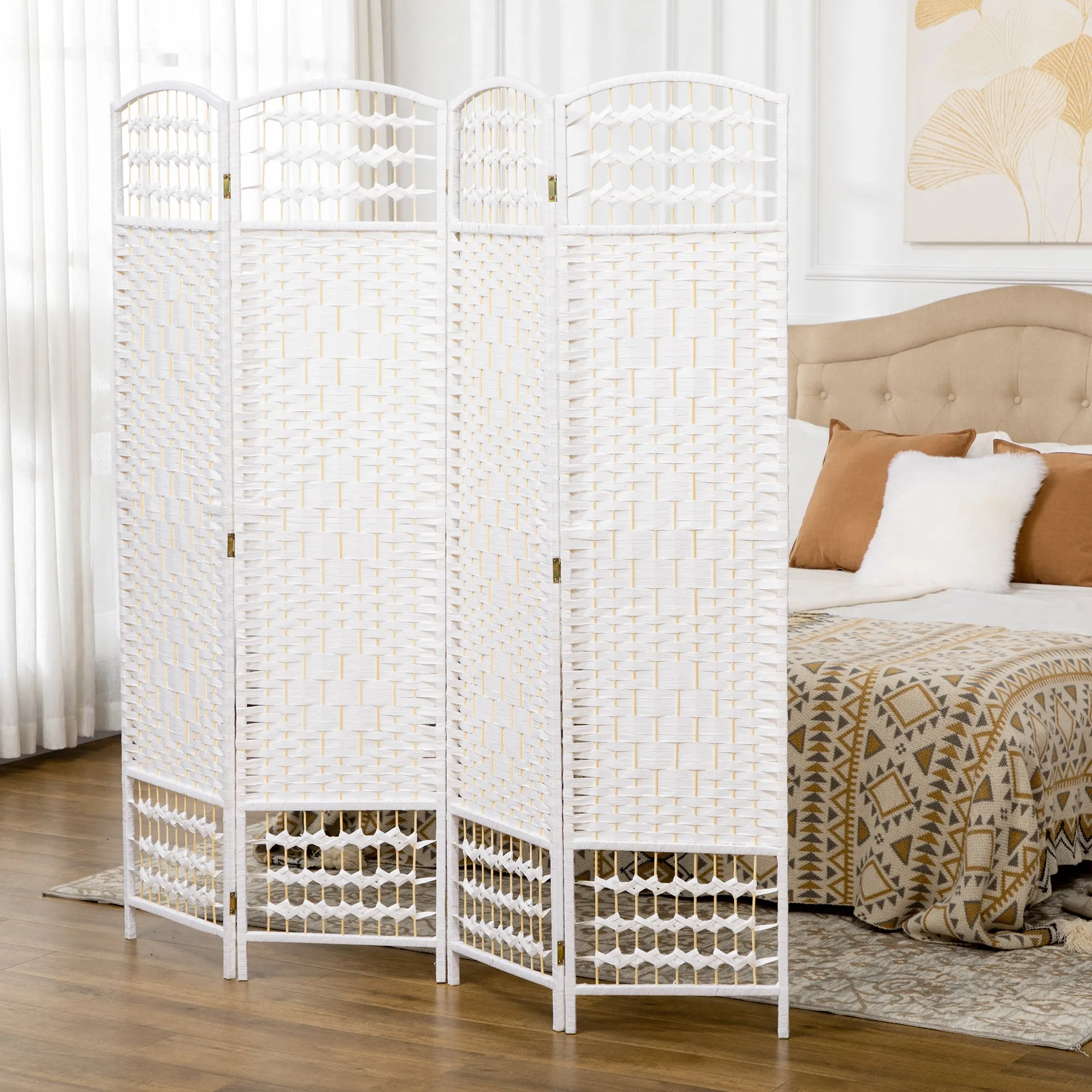 4-Panel Folding Screen for Indoors, Freestanding and Woven, 160x170 cm, White - Image 2