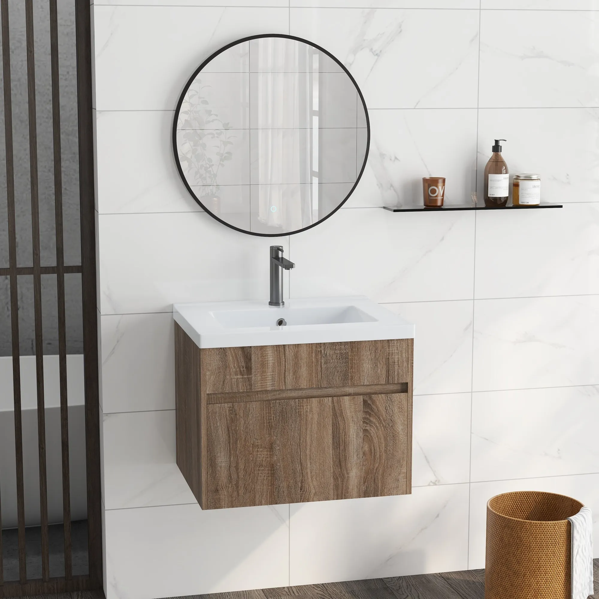 60cm Vanity Unit with Wooden Drawer and Ceramic Sink, Light Brown - Image 2