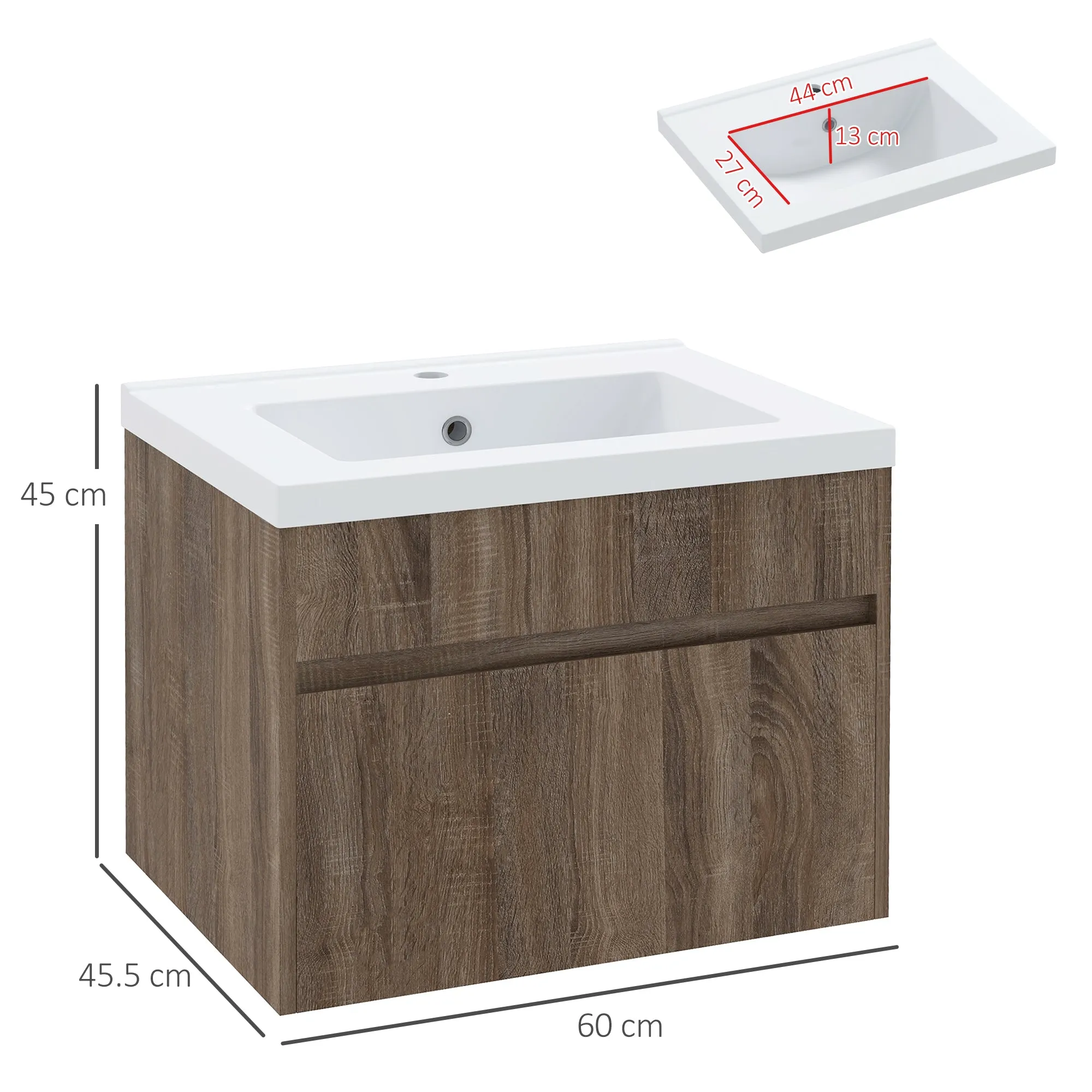 60cm Vanity Unit with Wooden Drawer and Ceramic Sink, Light Brown - Image 3