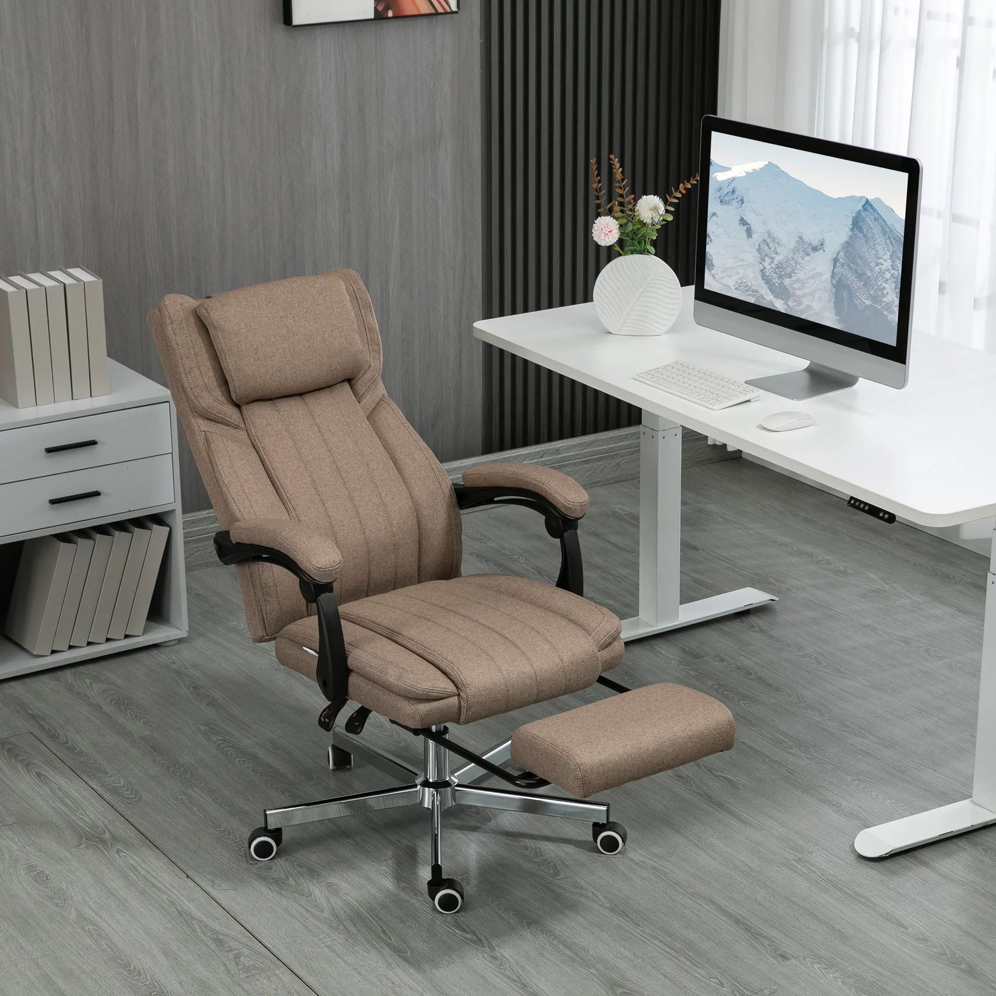 Massage Office Chair with Footrest and Remote Control, in Linen Effect Fabric, 65x61x105-113 cm, Brown - Image 2