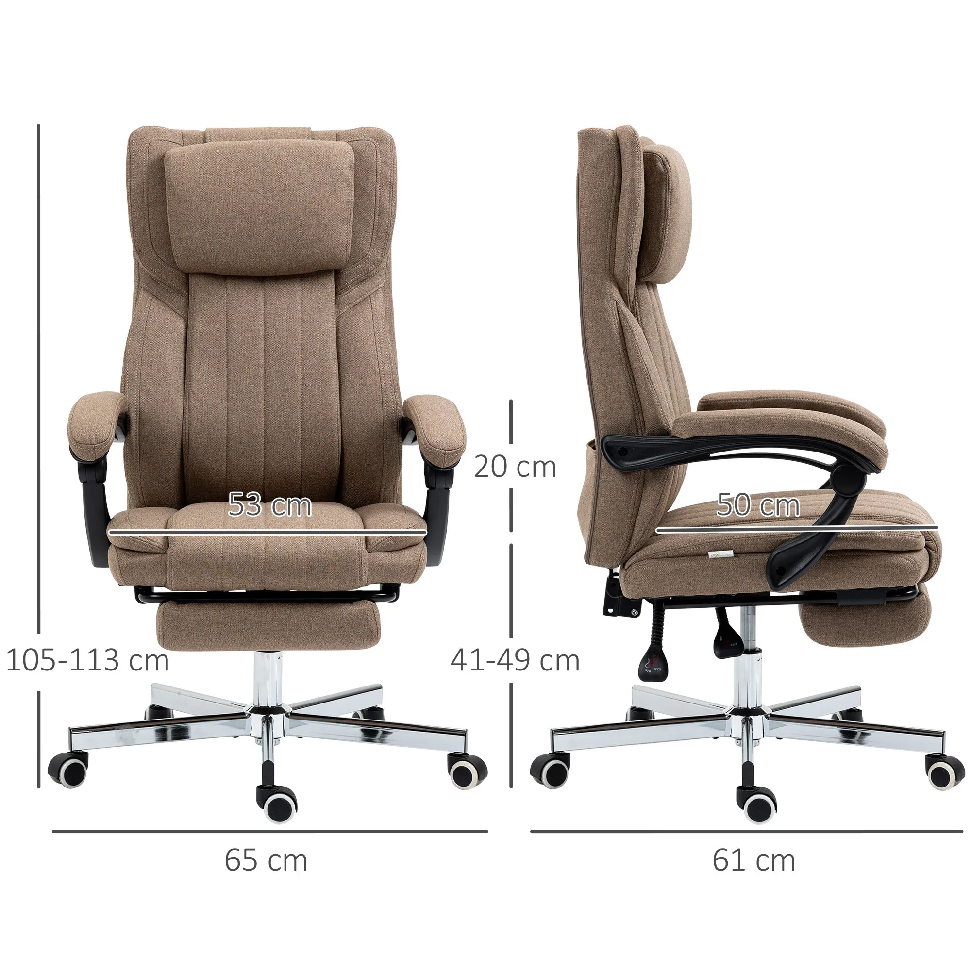 Massage Office Chair with Footrest and Remote Control, in Linen Effect Fabric, 65x61x105-113 cm, Brown - Image 3