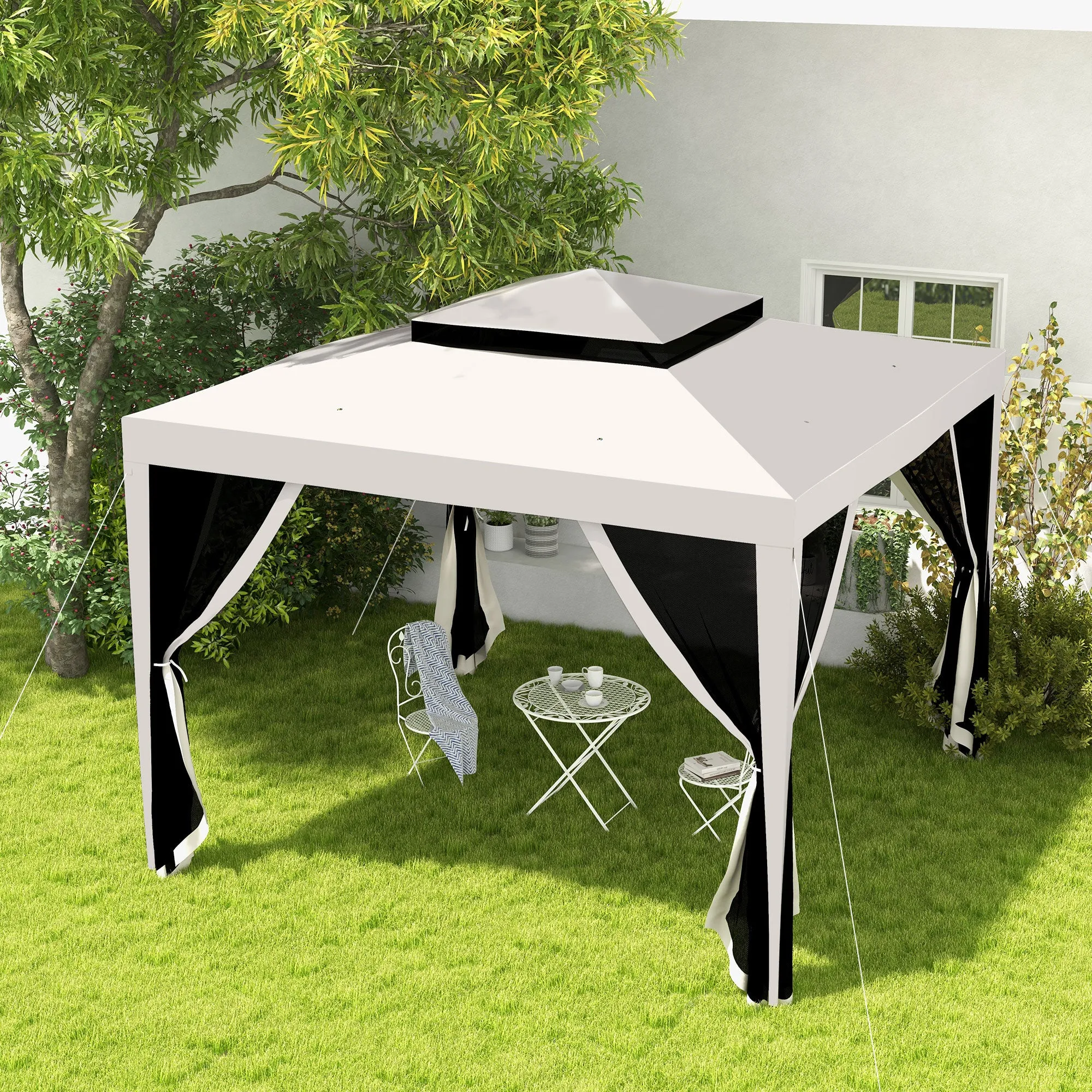 Garden Gazebo 3x3 m with Mosquito Net, Flysheet and 8 Holes, Steel and Polyester Cream White - Image 2