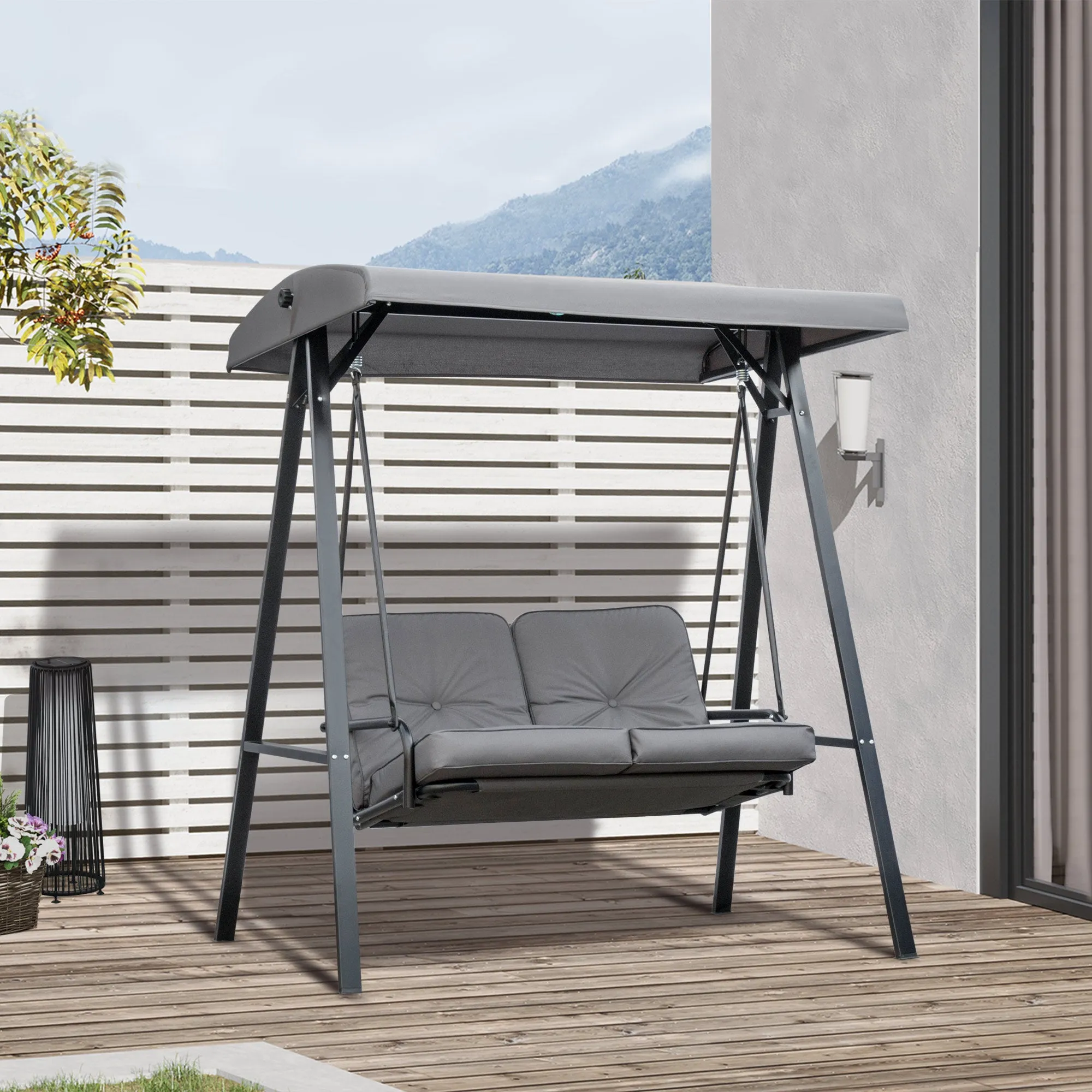 SIERA | 2-Seater Swing with Adjustable Canopy and Cushions, in Steel and Polyester, 144x117x173 cm, Grey - Image 2