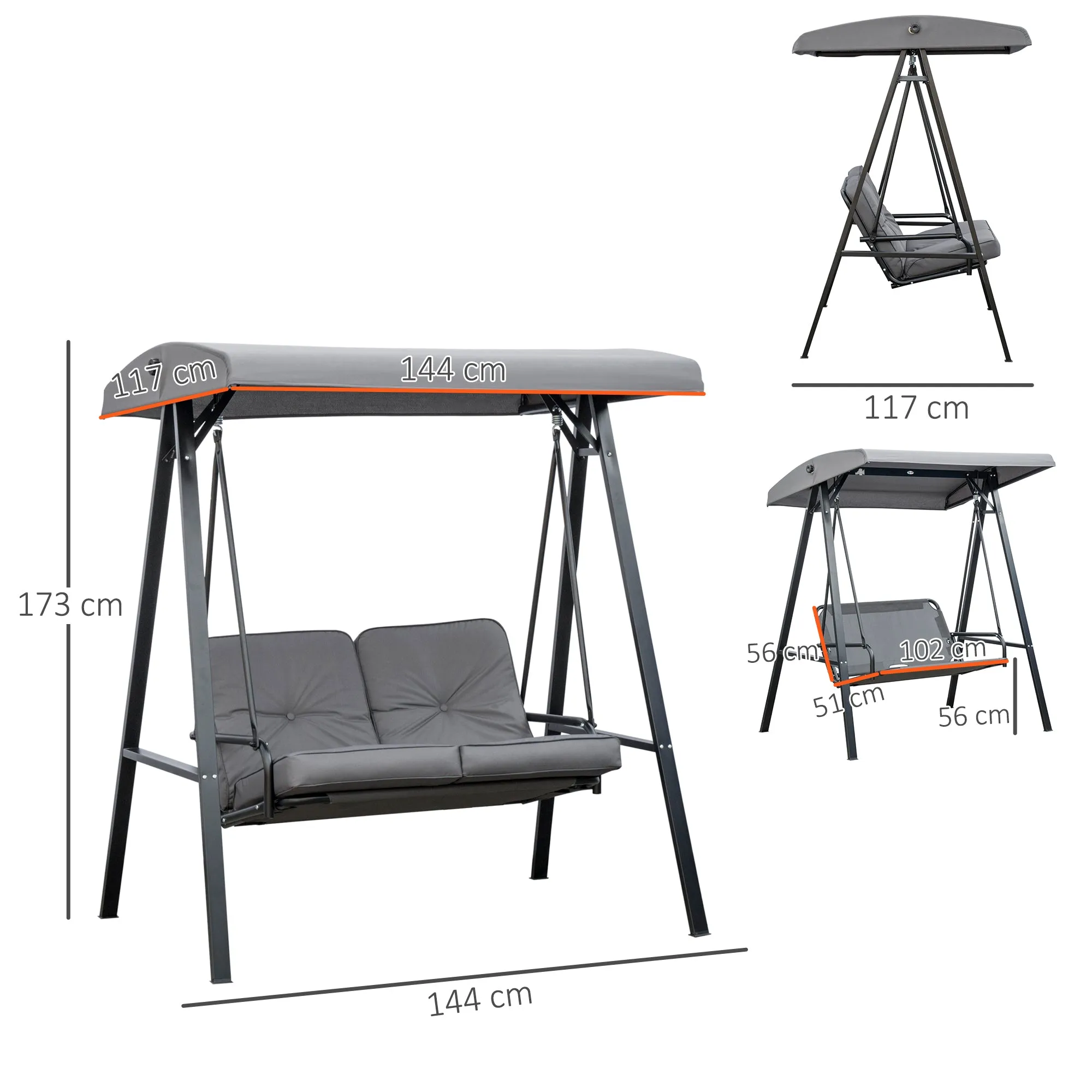 SIERA | 2-Seater Swing with Adjustable Canopy and Cushions, in Steel and Polyester, 144x117x173 cm, Grey - Image 3