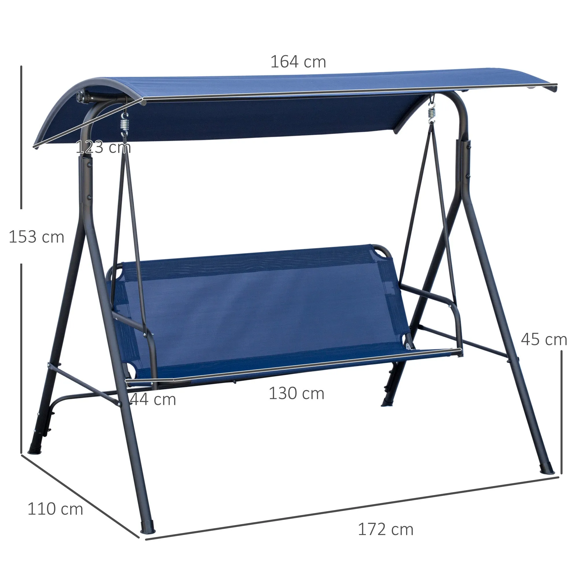 3 Seater Garden Swing with Adjustable Canopy, Oxford Fabric and Steel, Dark Blue - Image 3