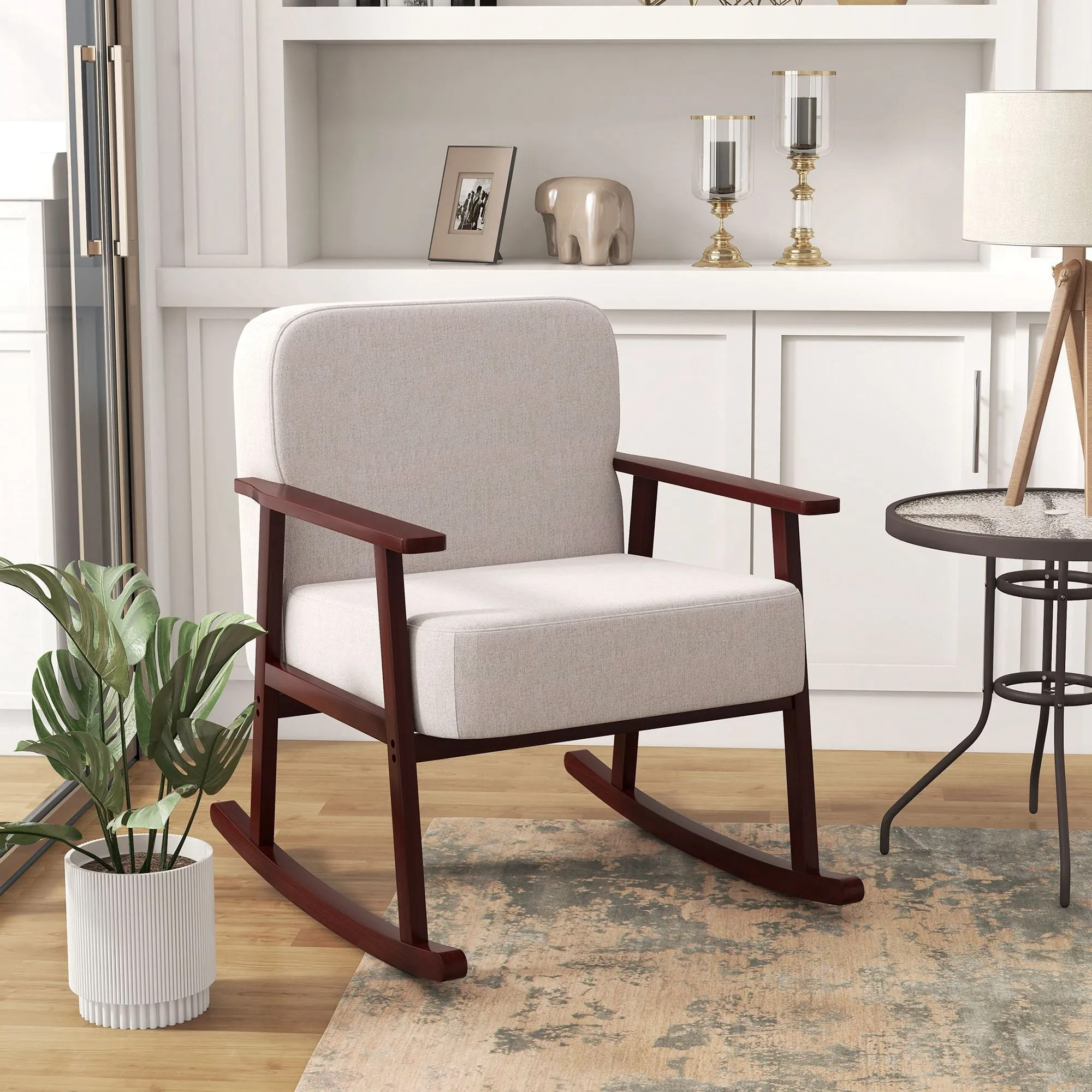 Rocking Armchair in Linen and Wood Effect Fabric with Armrests and Cushions, 66x78x76 cm, Beige and Brown - Image 2