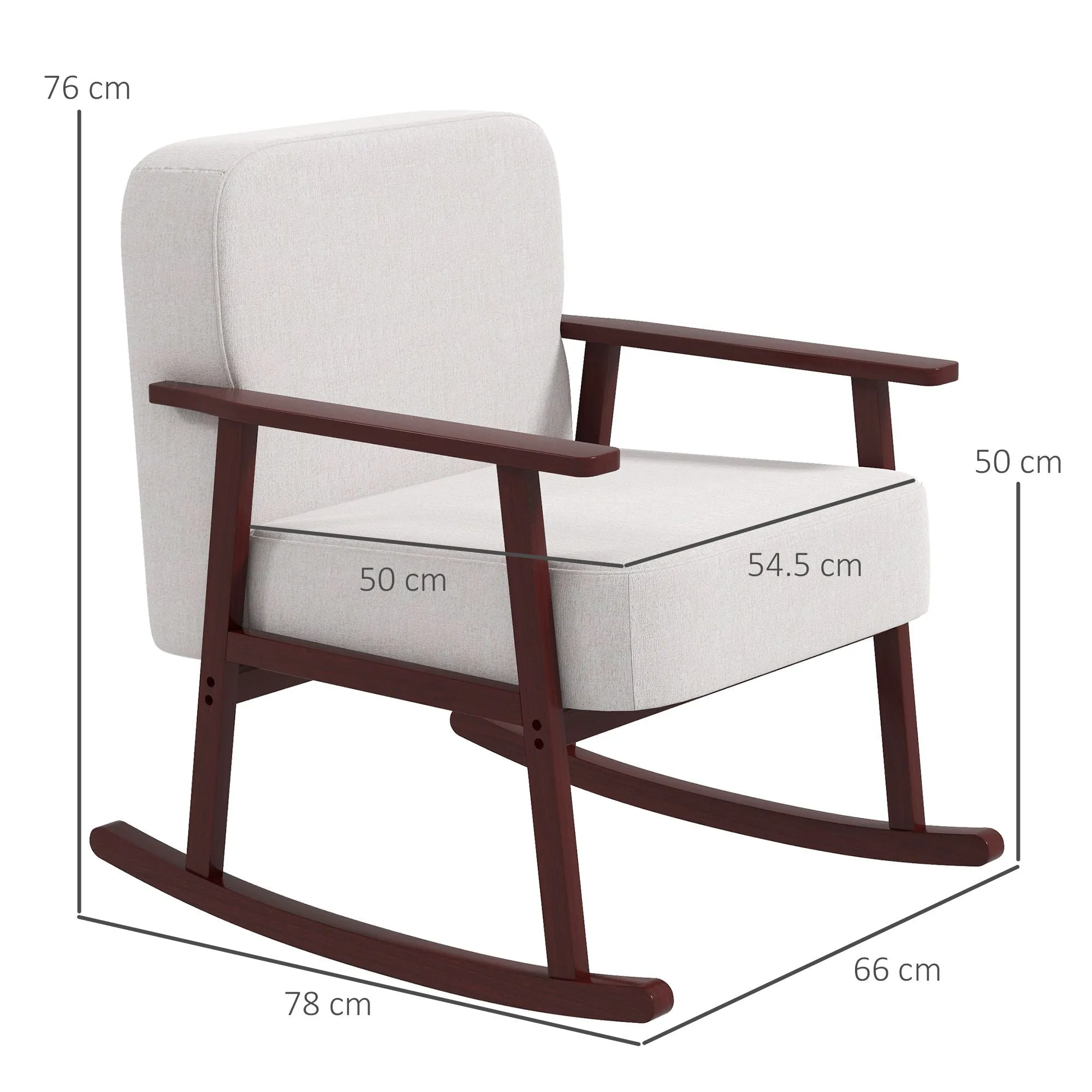 Rocking Armchair in Linen and Wood Effect Fabric with Armrests and Cushions, 66x78x76 cm, Beige and Brown - Image 3