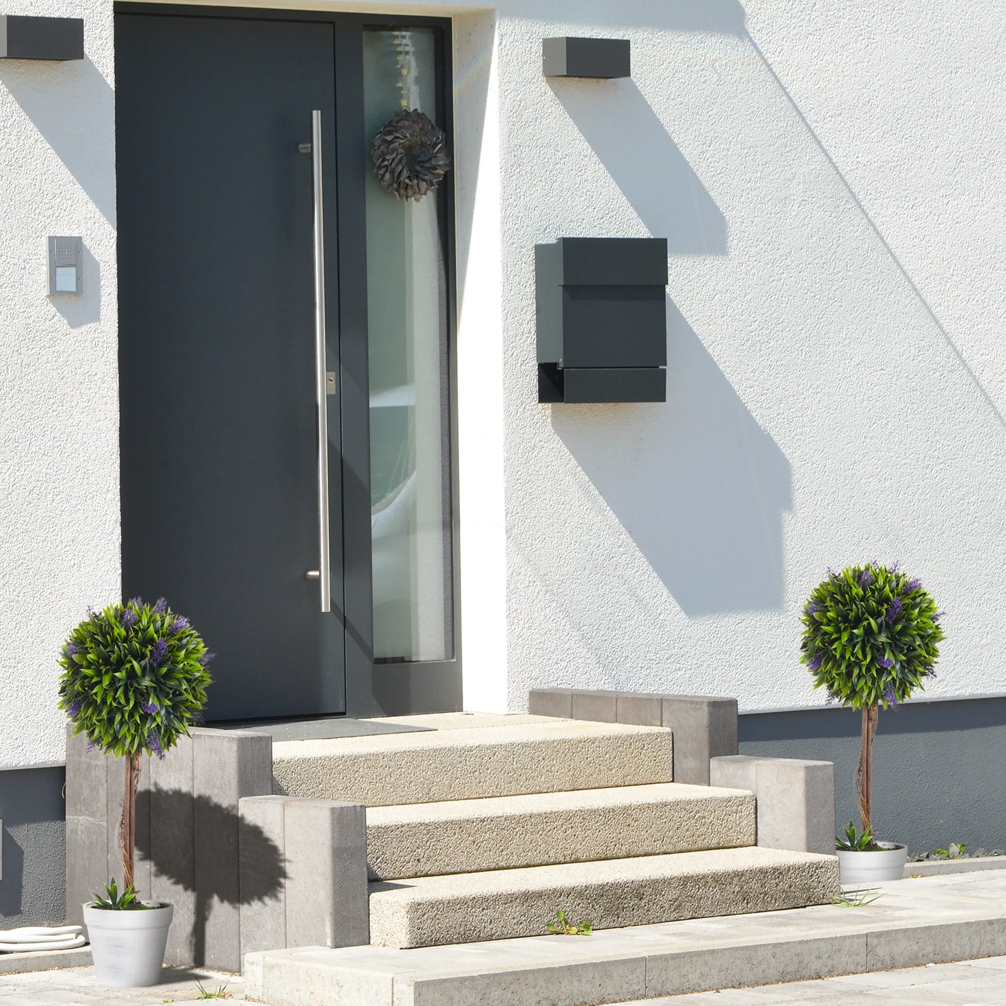 Set of 2 Artificial Green Sphere Plants with Lavender Flowers and Vase with Moss and Cement, Ø24x60 cm - Image 2