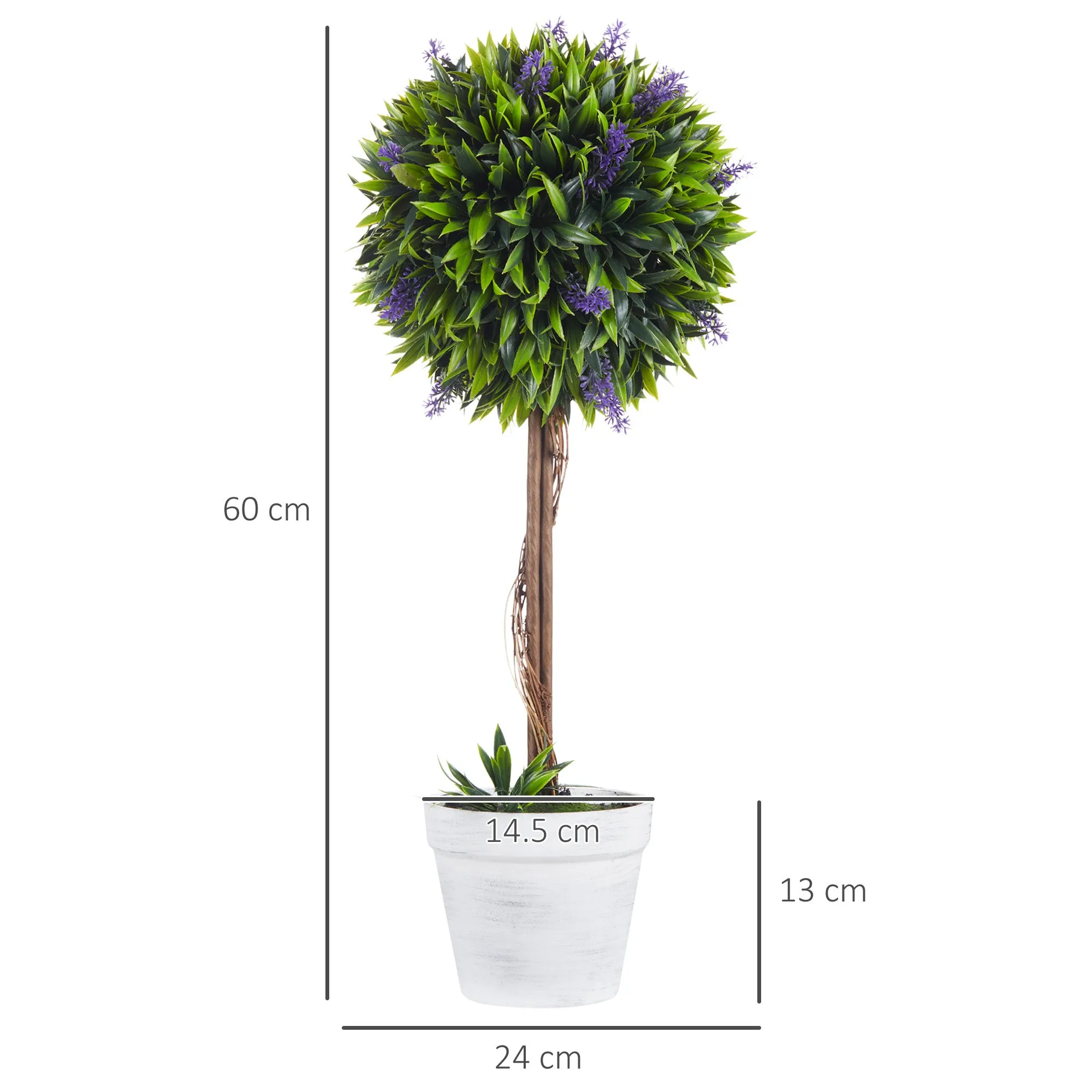 Set of 2 Artificial Green Sphere Plants with Lavender Flowers and Vase with Moss and Cement, Ø24x60 cm - Image 3