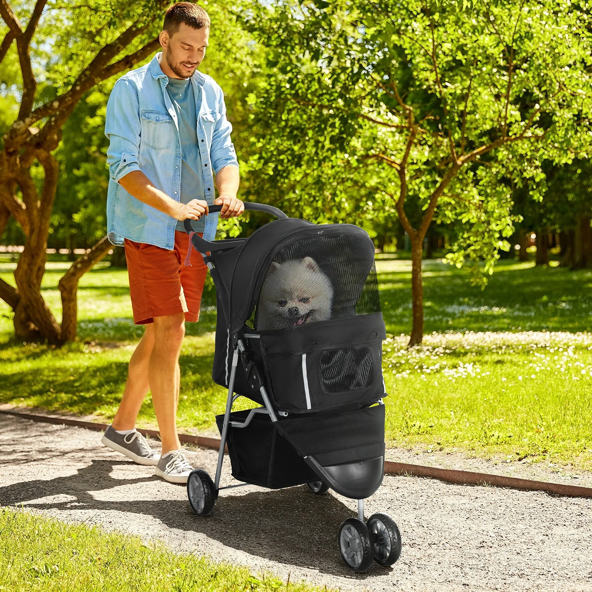 Folding Dog Stroller with Swivel Wheels and Brake, 75x45x97 cm, Black - Image 2