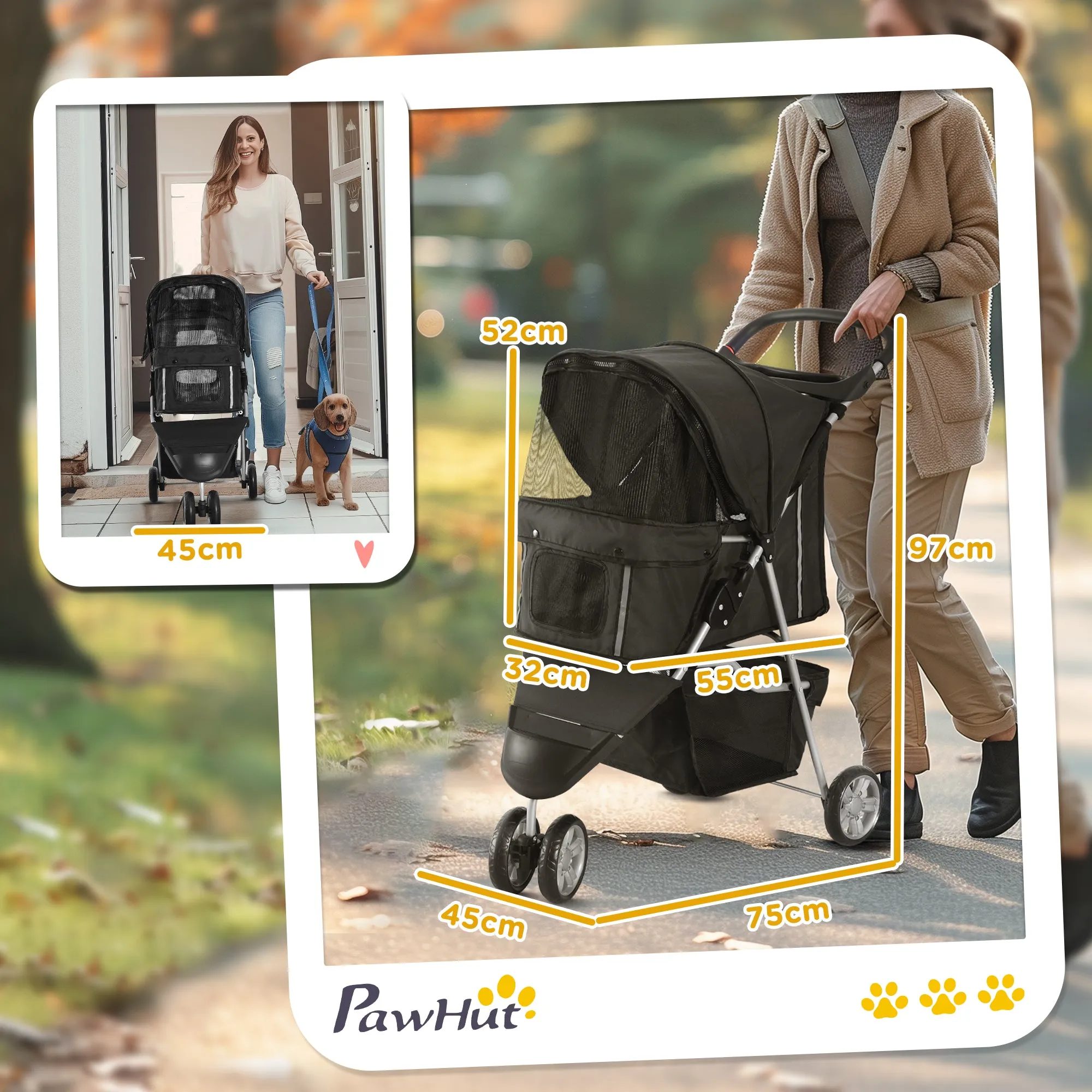 Folding Dog Stroller with Swivel Wheels and Brake, 75x45x97 cm, Black - Image 3