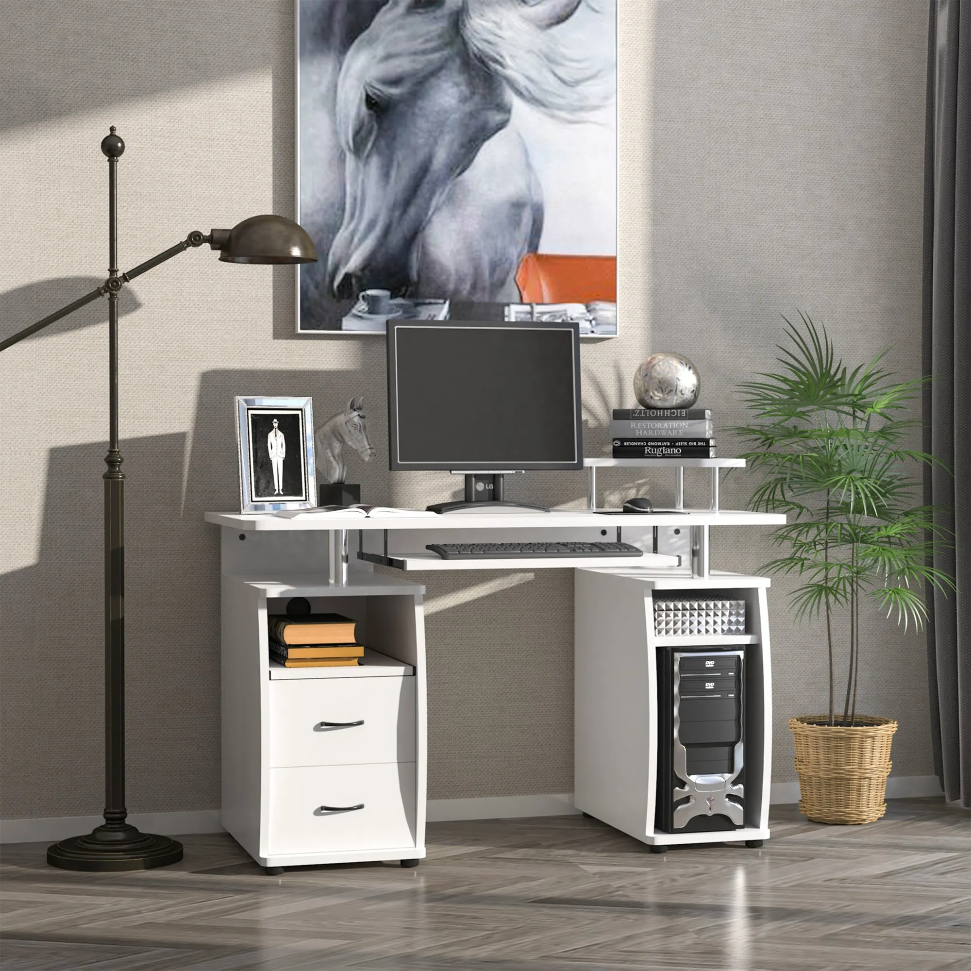 PC Desk with Keyboard and Monitor Shelf and 2 Drawers, 120x55x85 cm, White - Image 2