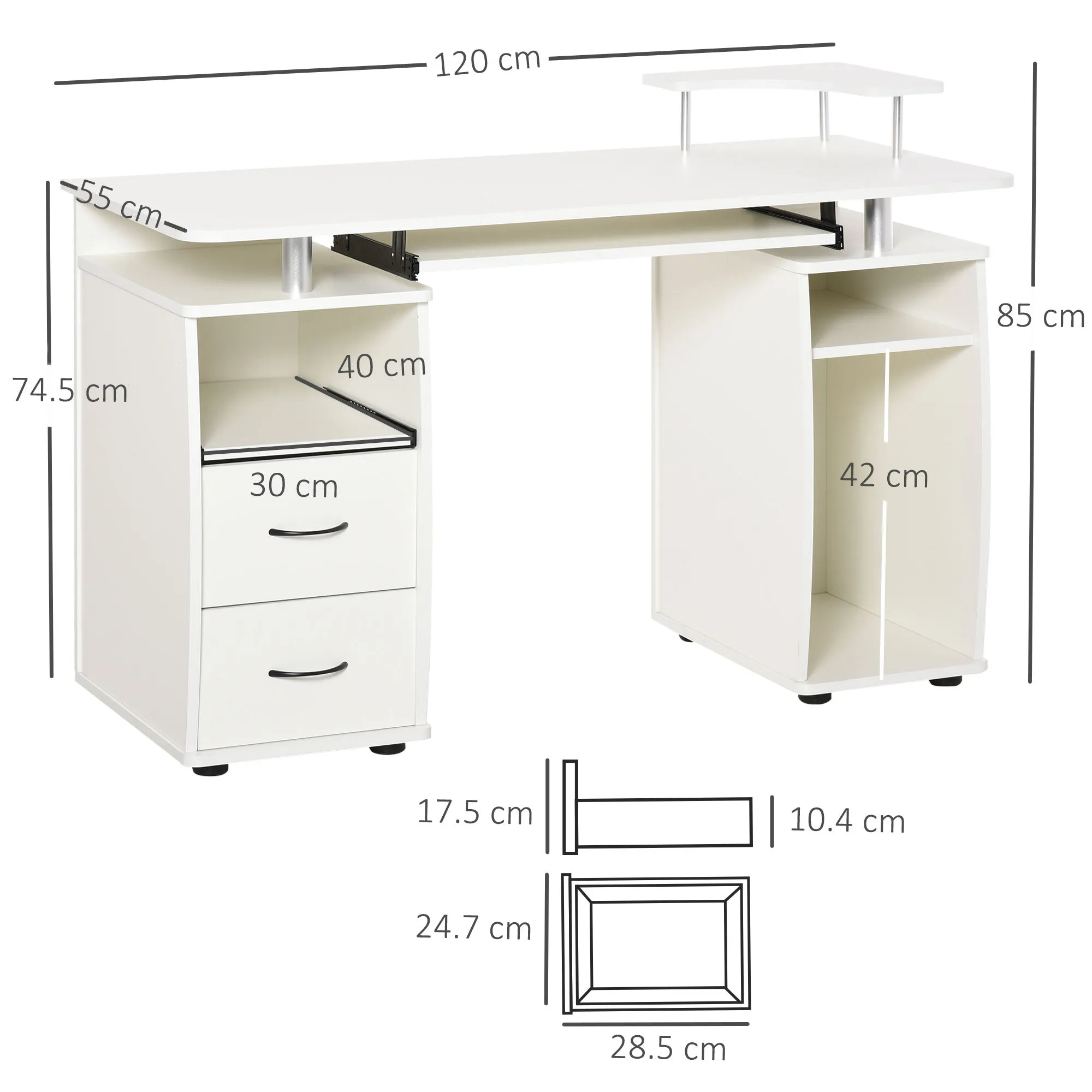 PC Desk with Keyboard and Monitor Shelf and 2 Drawers, 120x55x85 cm, White - Image 3
