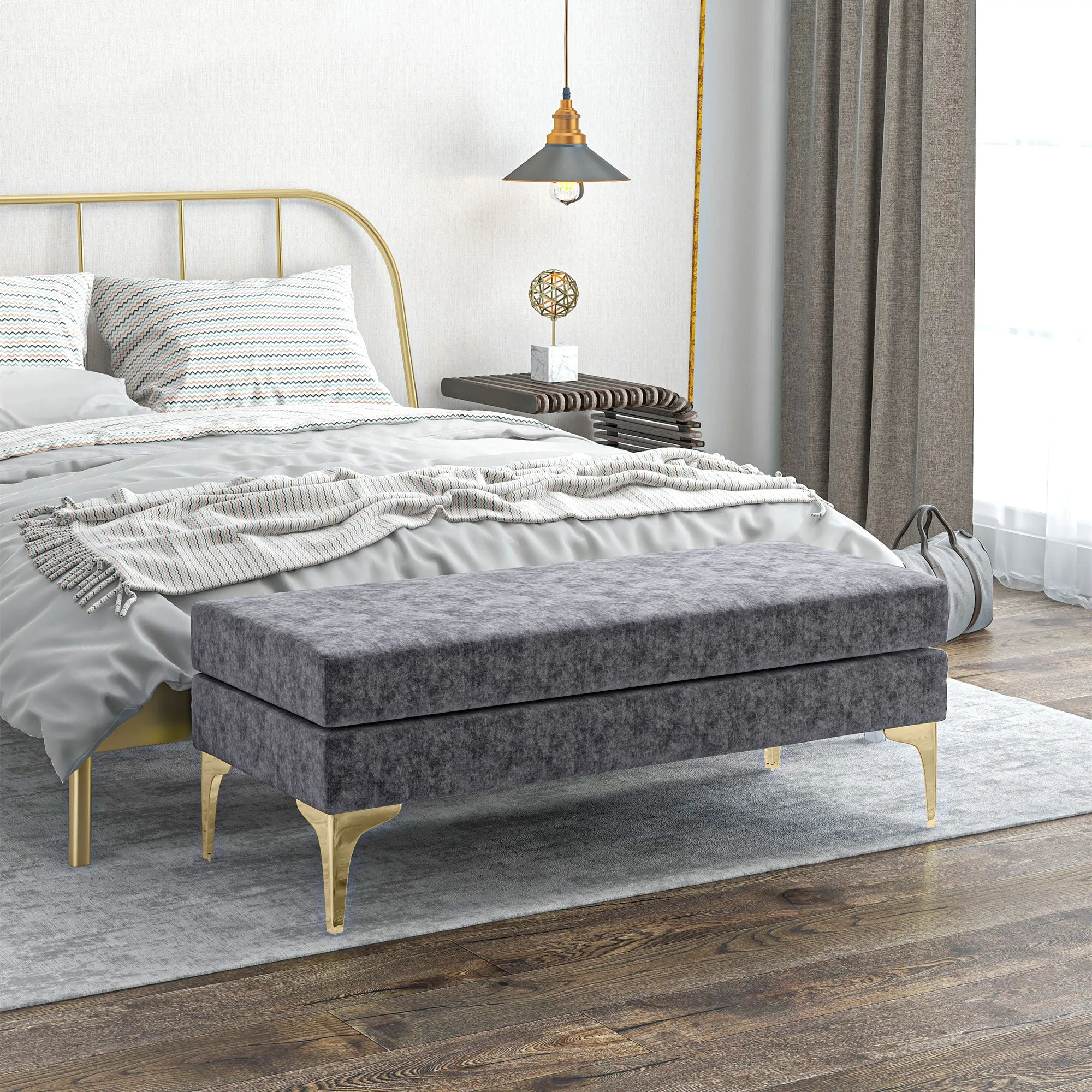 2-Layer Bed End Bench in Velvet Effect Fabric and Steel, 121x50.5x46.5 cm, Dark Grey and Gold - Image 2