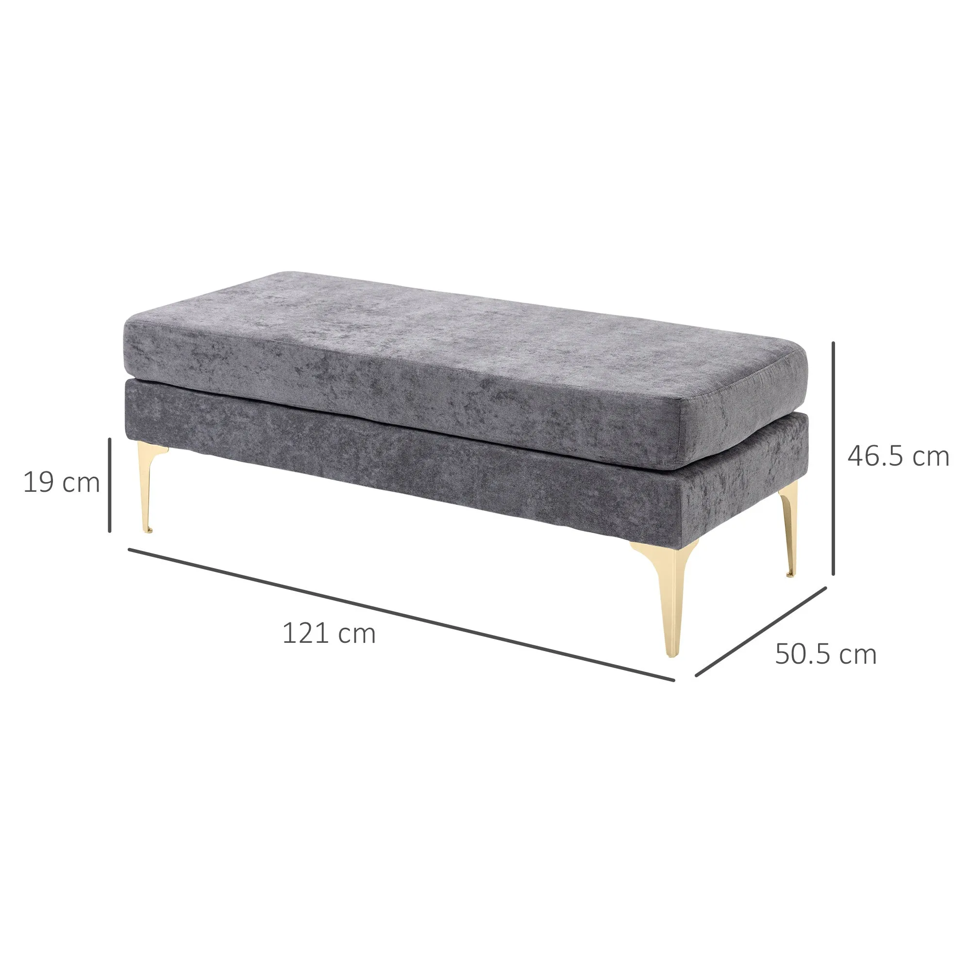 2-Layer Bed End Bench in Velvet Effect Fabric and Steel, 121x50.5x46.5 cm, Dark Grey and Gold - Image 3