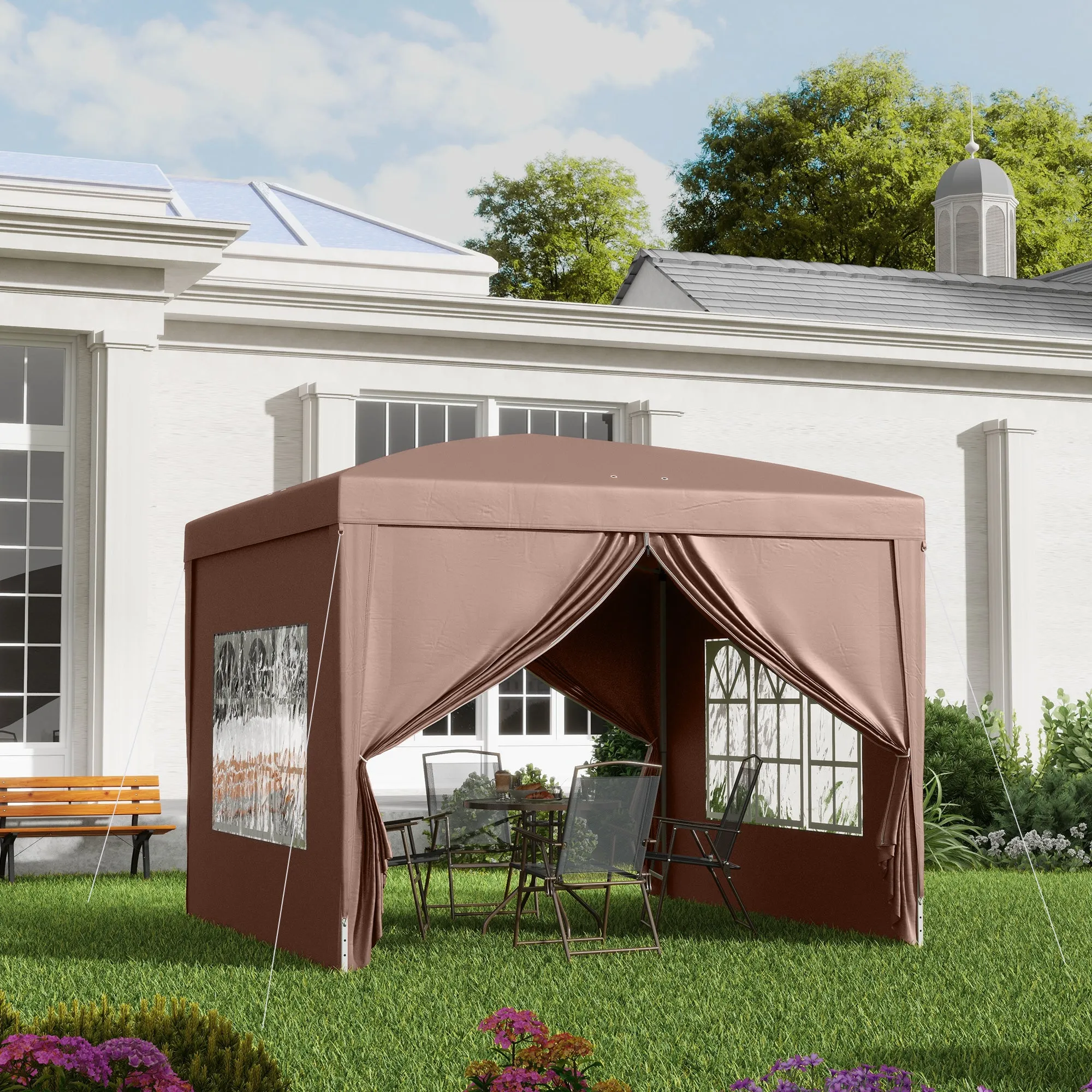 3x3m Folding Outdoor Gazebo with 4 Side Panels, in Steel and Oxford Fabric, Coffee Color - Image 2