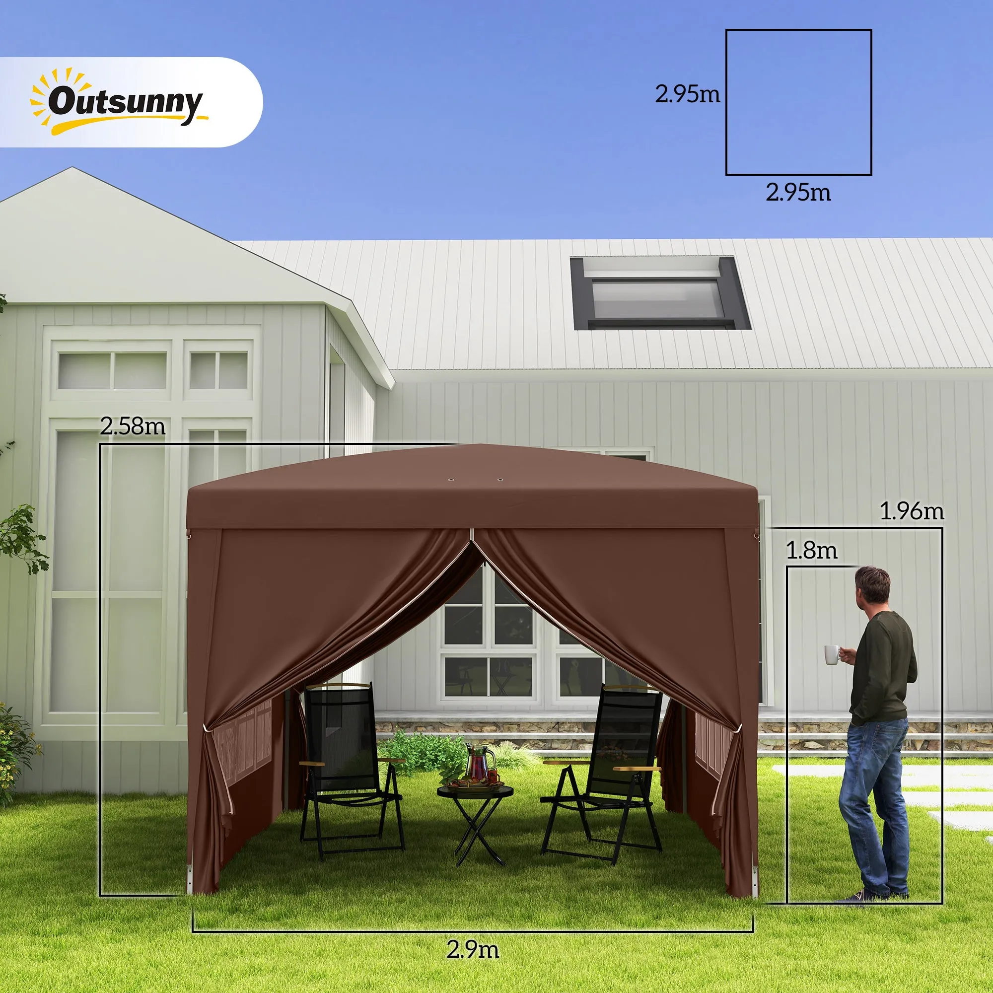3x3m Folding Outdoor Gazebo with 4 Side Panels, in Steel and Oxford Fabric, Coffee Color - Image 3