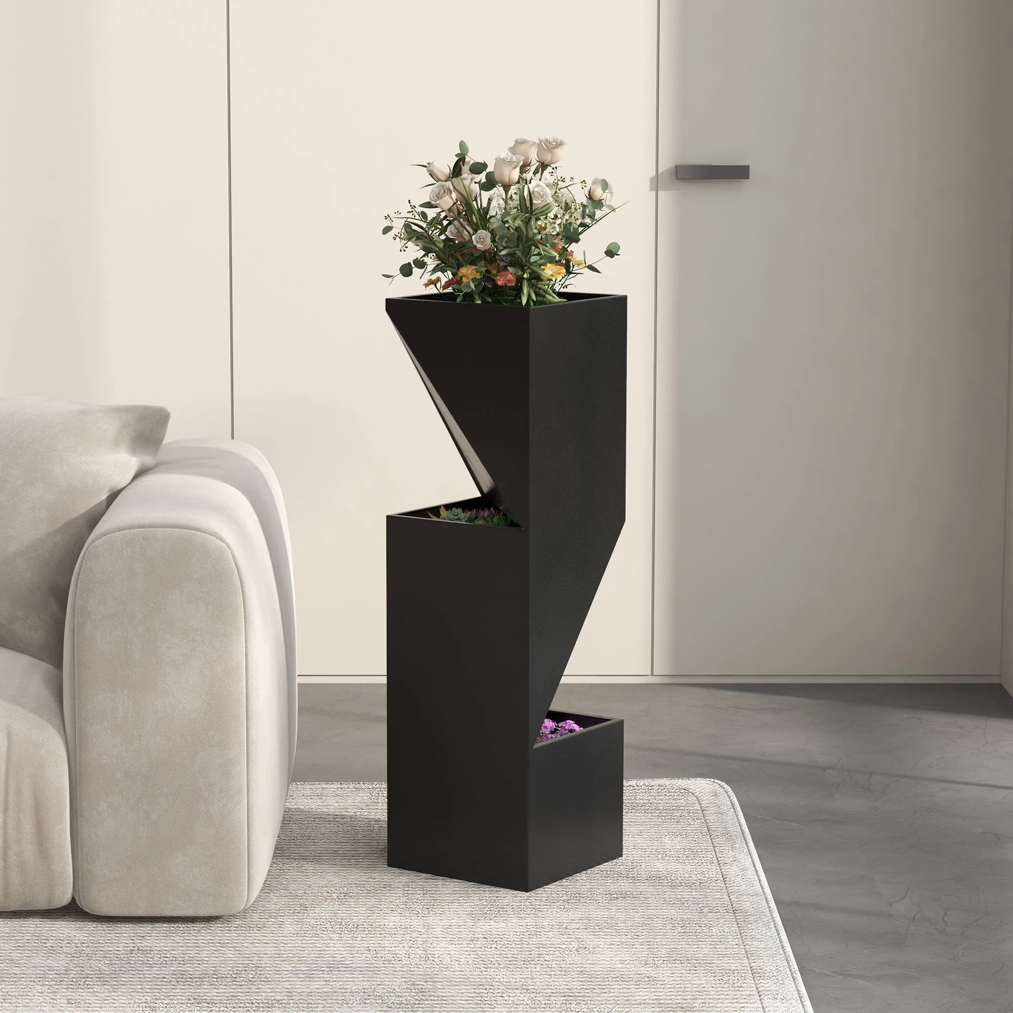 Outdoor Planter with 3 Growing Areas and Drainage Holes, Black Metal, 30x30x100 cm - Image 2