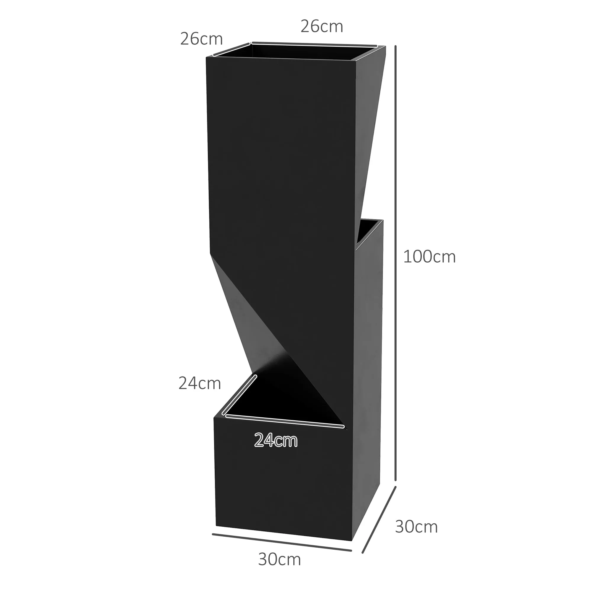 Outdoor Planter with 3 Growing Areas and Drainage Holes, Black Metal, 30x30x100 cm - Image 3
