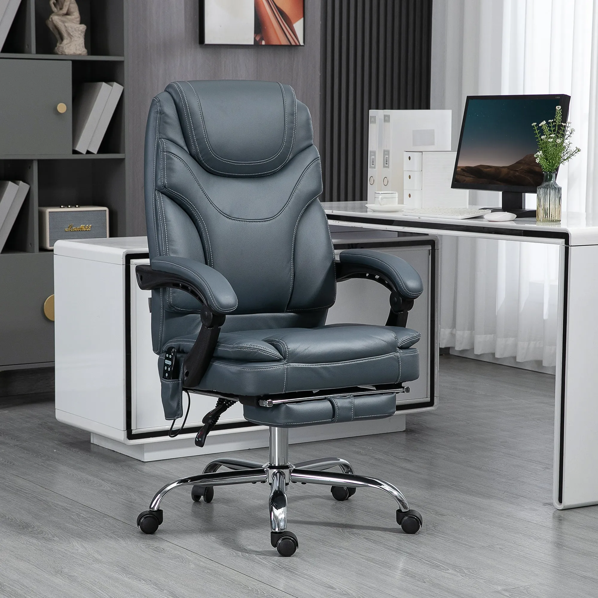 Office Chair with Massage and Heat with Footrest, in PU Leather and Steel, 67x67x113-121 cm, Grey - Image 2