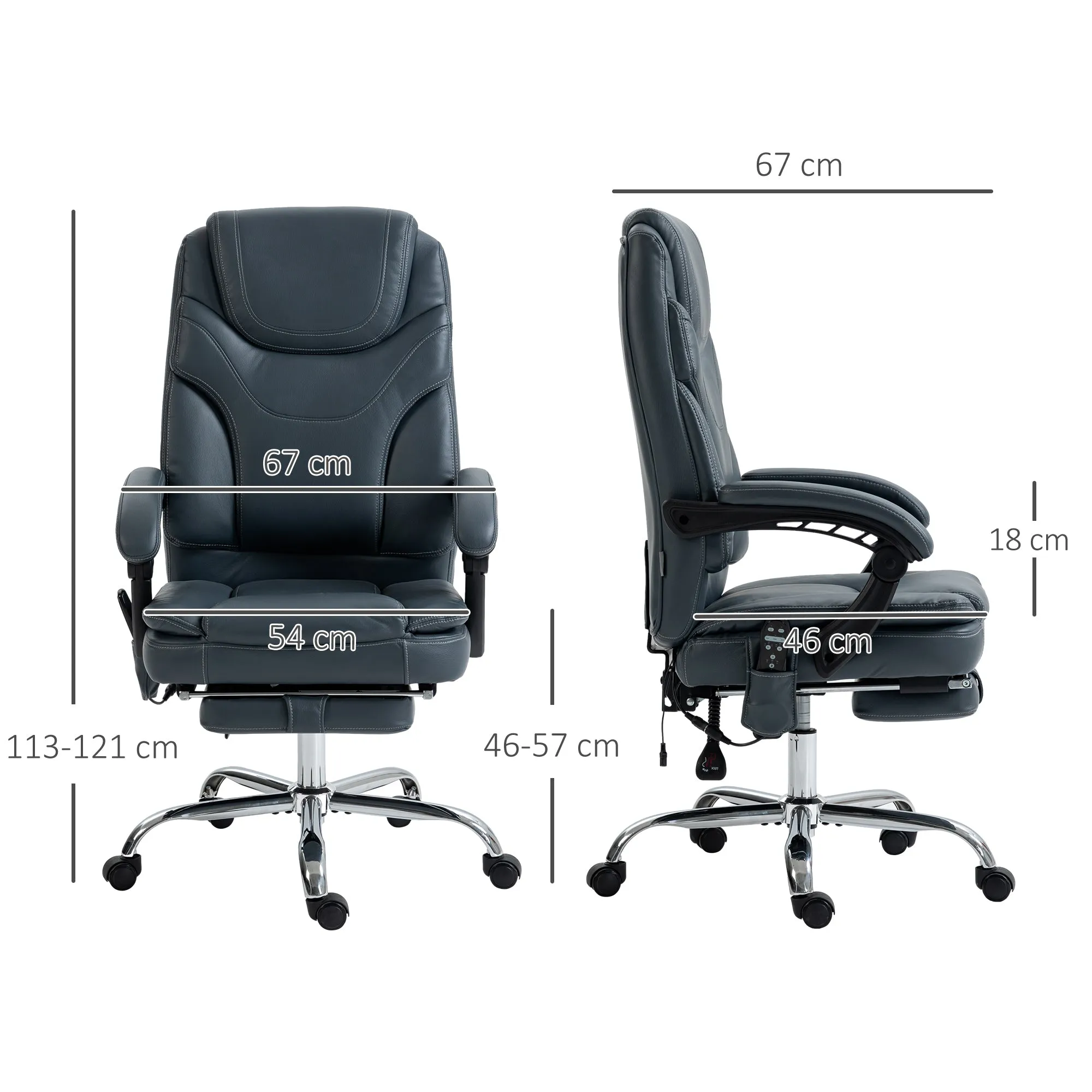 Office Chair with Massage and Heat with Footrest, in PU Leather and Steel, 67x67x113-121 cm, Grey - Image 3