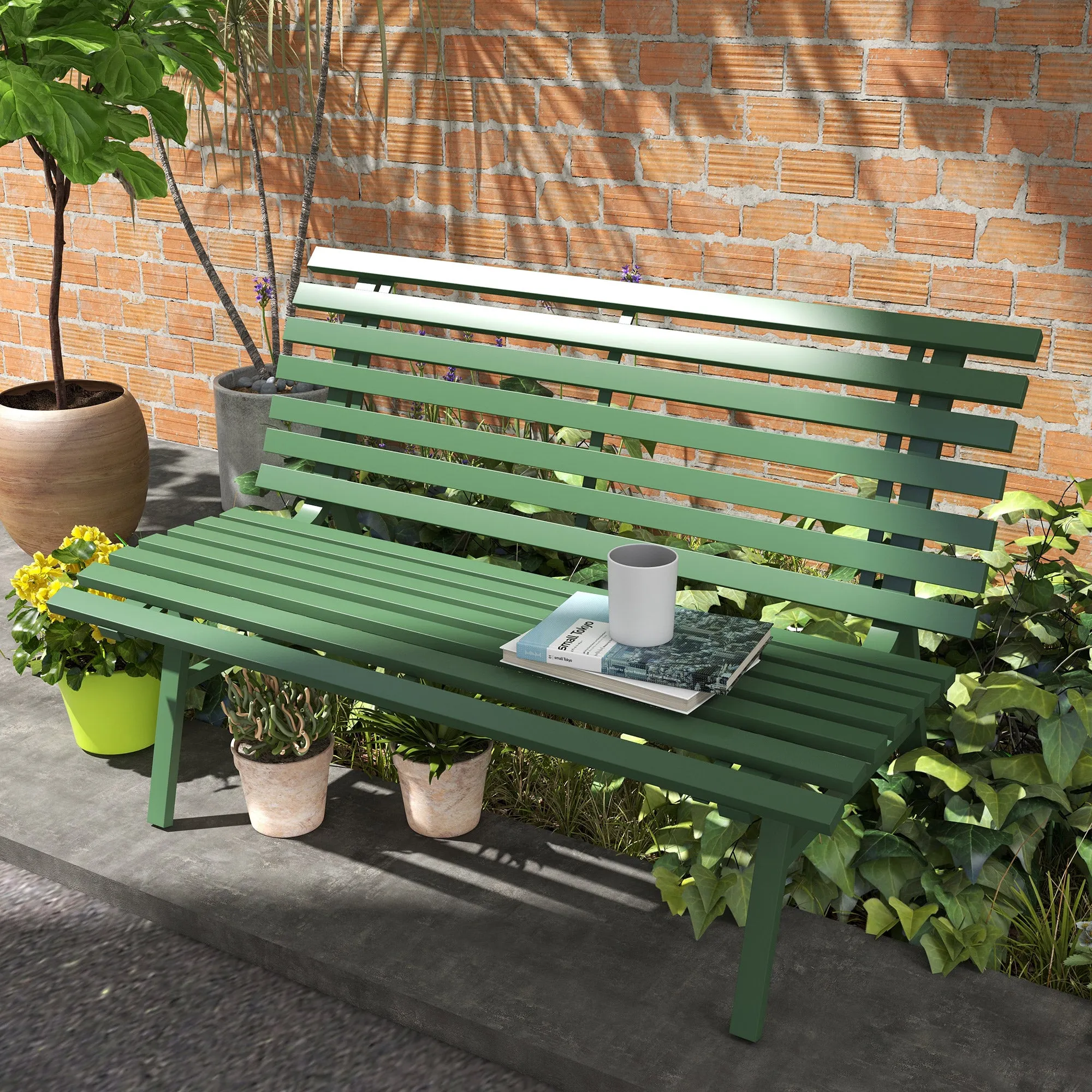 2 Seater Aluminum Slatted Outdoor Bench, 123x67x79cm, Green - Image 2