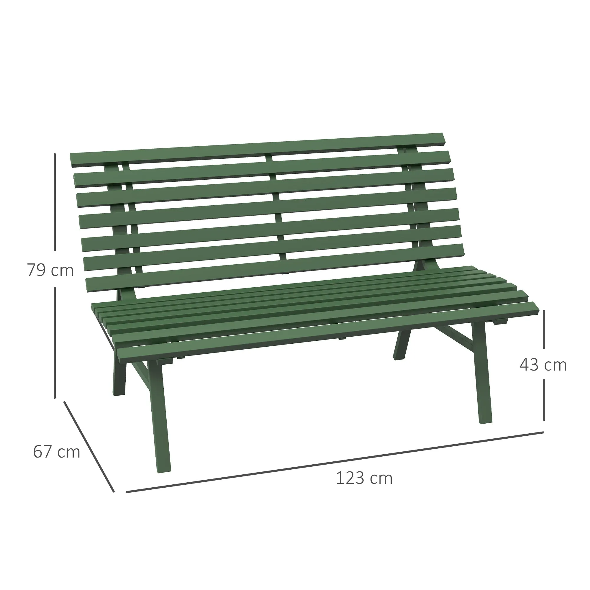 2 Seater Aluminum Slatted Outdoor Bench, 123x67x79cm, Green - Image 3