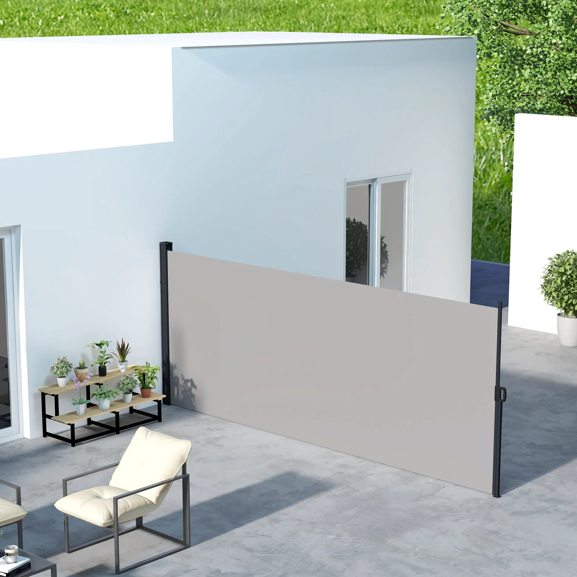 Retractable Side Awning 400x180 cm with Handle, in Metal, Aluminum and Polyester, Light Gray - Image 2