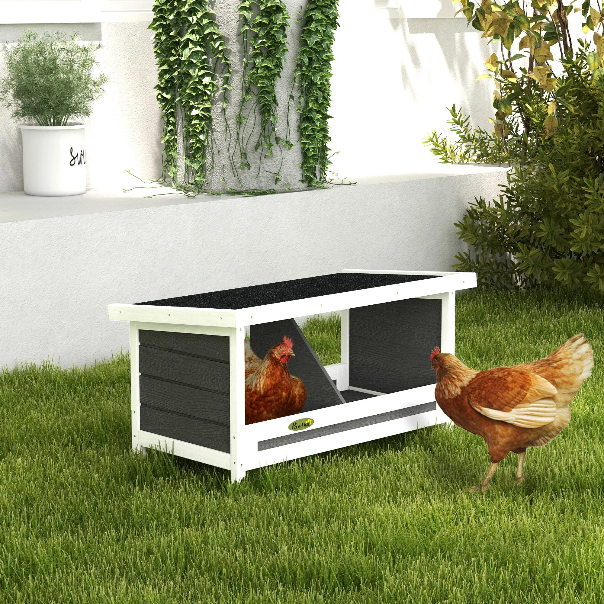 2-Panel Chicken Coop with Raised Base and Roof, Wood and Bitumen, 66x37x34 cm, Grey White and Black - Image 2