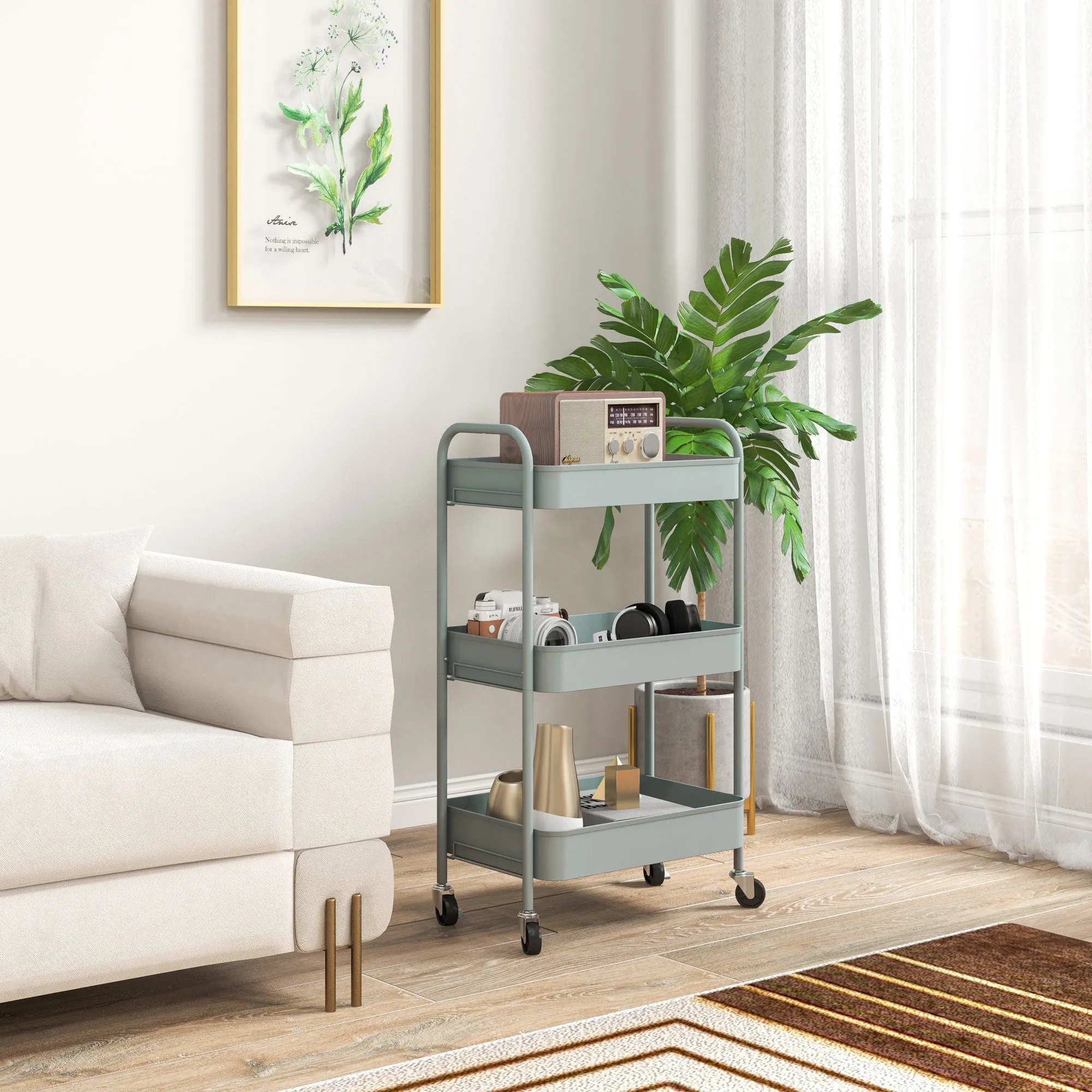 3-Tier Kitchen Trolley with Handles and 4 Casters, Steel, 45x30.6x79 cm, Light Blue - Image 2