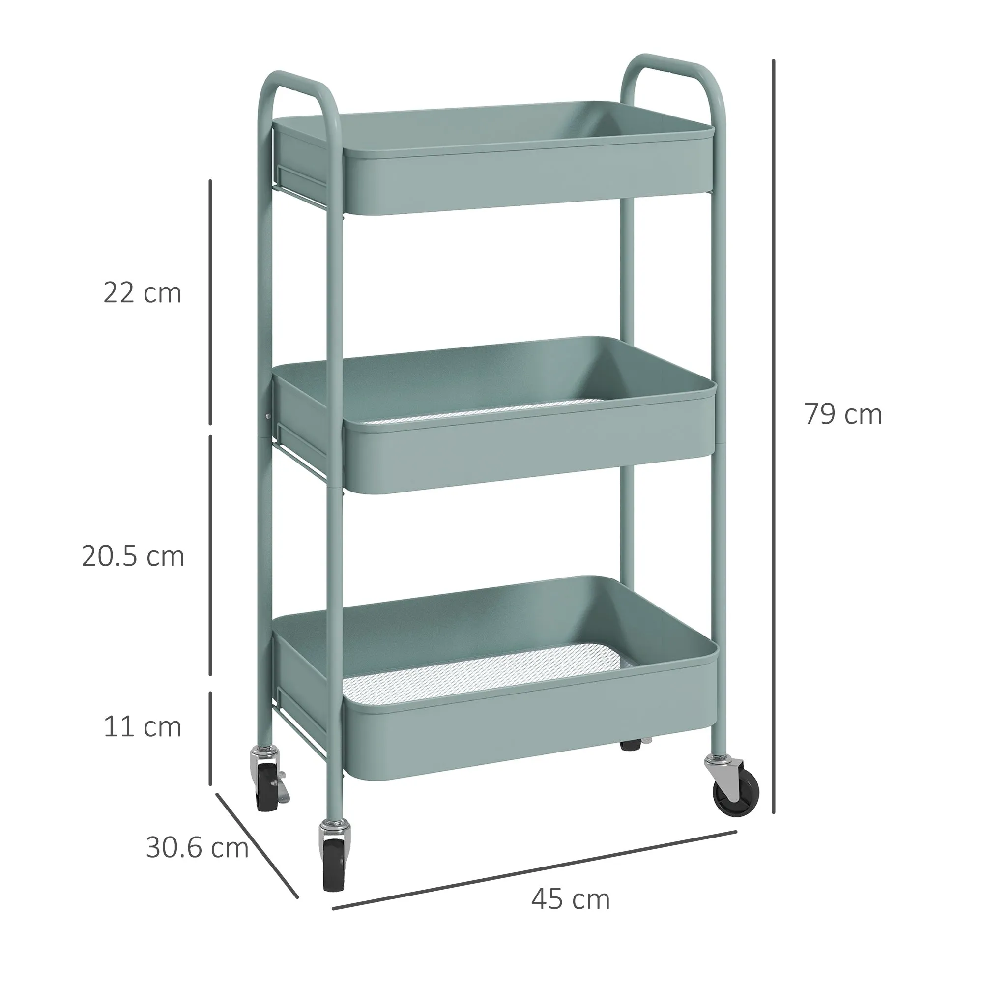 3-Tier Kitchen Trolley with Handles and 4 Casters, Steel, 45x30.6x79 cm, Light Blue - Image 3