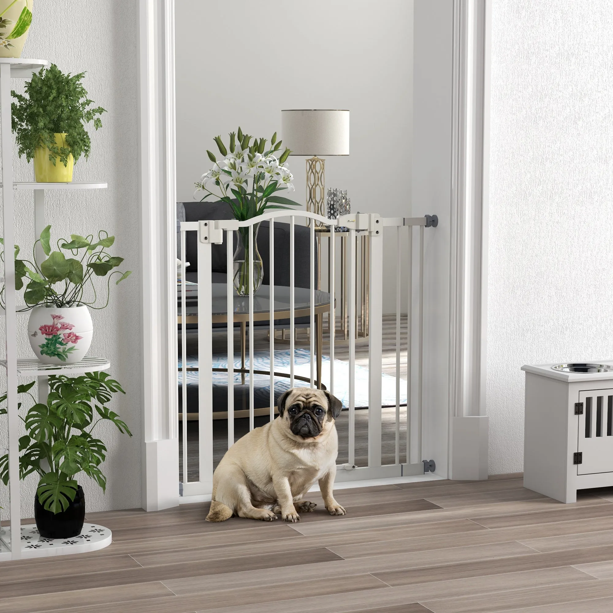 Extendable Dog Gate with 2 Locks and Self-Locking, Metal and Plastic, 74-87x78 cm, White - Image 2
