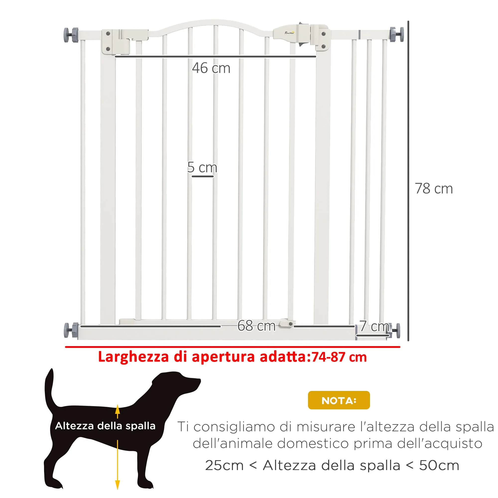 Extendable Dog Gate with 2 Locks and Self-Locking, Metal and Plastic, 74-87x78 cm, White - Image 3